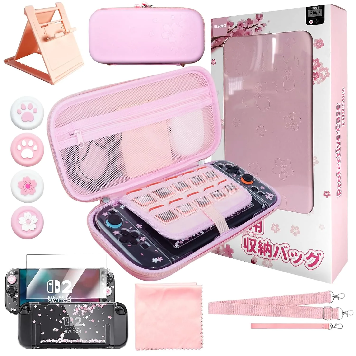 Pink Travel Carrying Case Accessories Kit Compatible with Nintendo Switch 2 (2025).Pink Switch 2 Hard Protective Cover,Adjustable Stand,Screen Protector & Cute Thumb Grips 10 in 1 Gift.