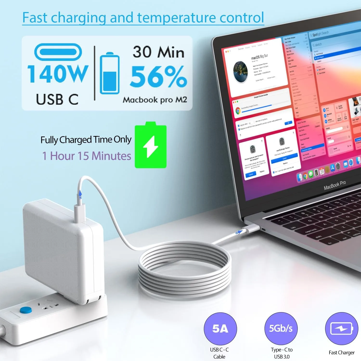 MacBook Pro Charger 140w USB C Fast Charger Power Adapter, 10FT USB C Cable