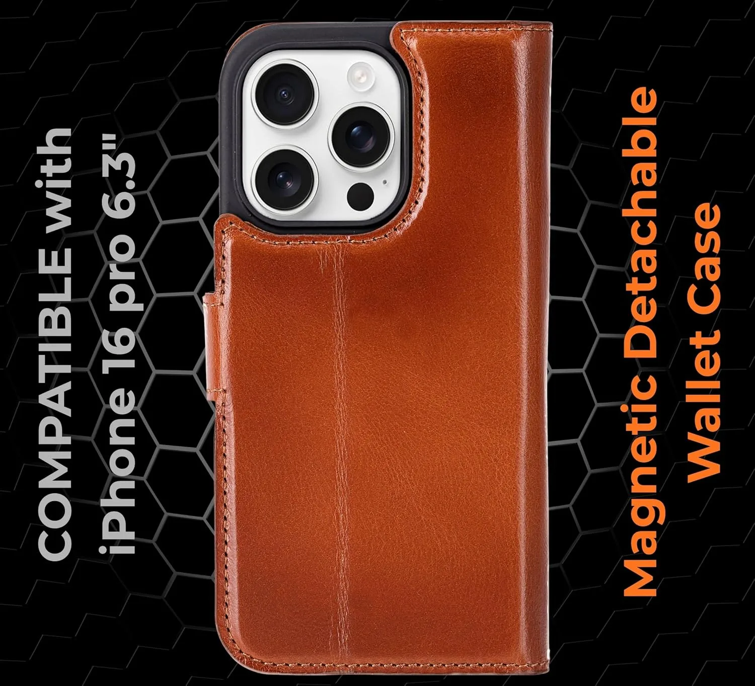 VENOULT Wallet Case for iPhone 16 Pro, Full Grain Genuine Turkish Leather, Magnetic Detachable, RFID 4 Card Slots, Business Style, Compatible with MagSafe (Chestnut)