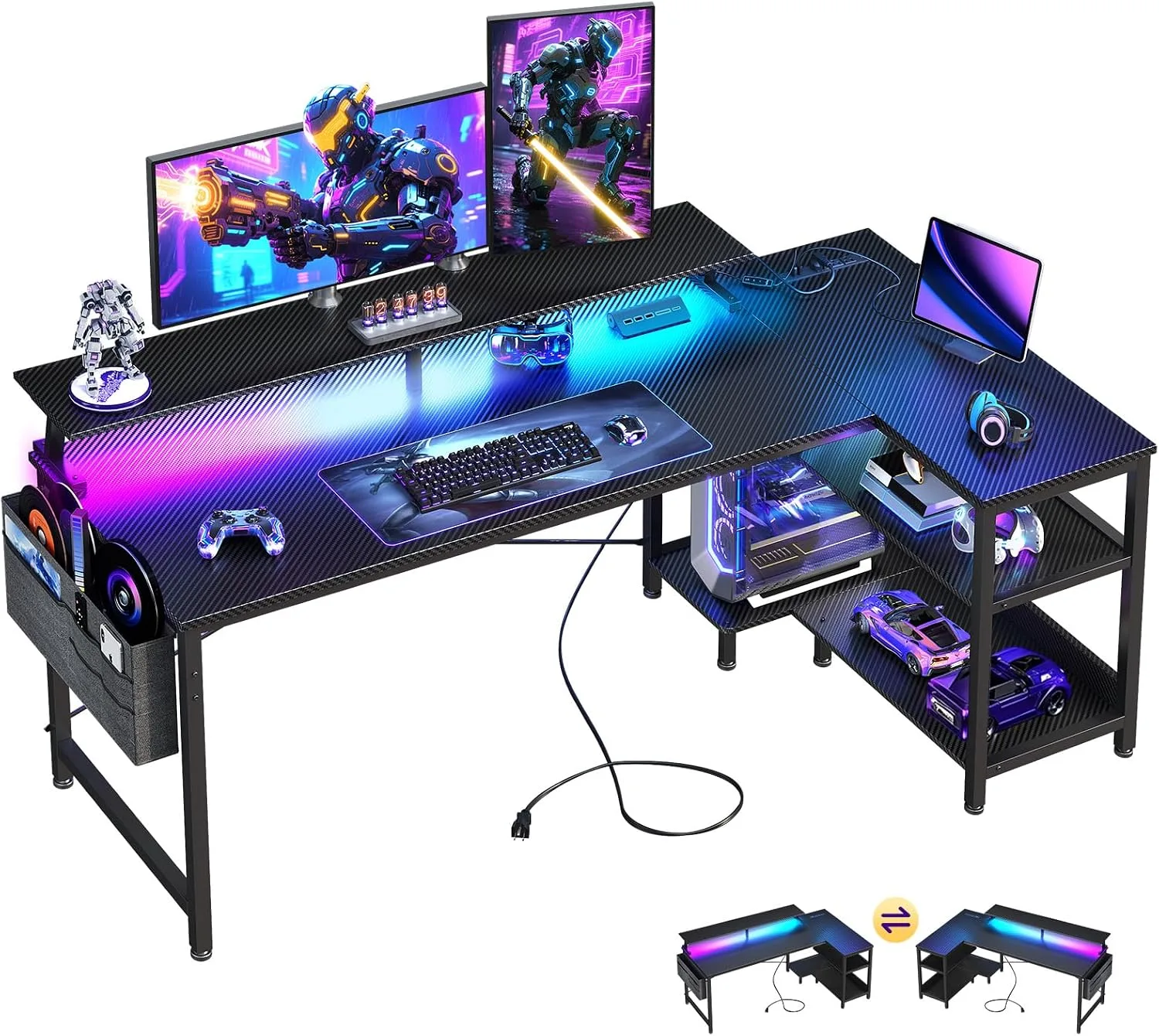 ODK 58 Inch L Shaped Gaming Desk with LED Lights, Power Outlets, Black