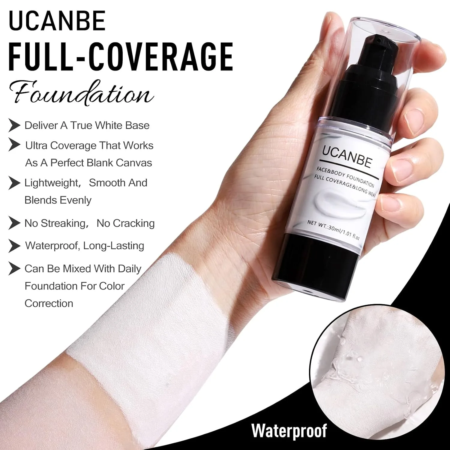 UCANBE Halloween Makeup Kit – Black Eyeshadow, White Liquid Foundation, Black Liquid Lipstick & Eyeliner, Self Adhensive Eyelashes, Brush & Sponges Makeup Set for SFX Cosplay Skeleton Skull Demon