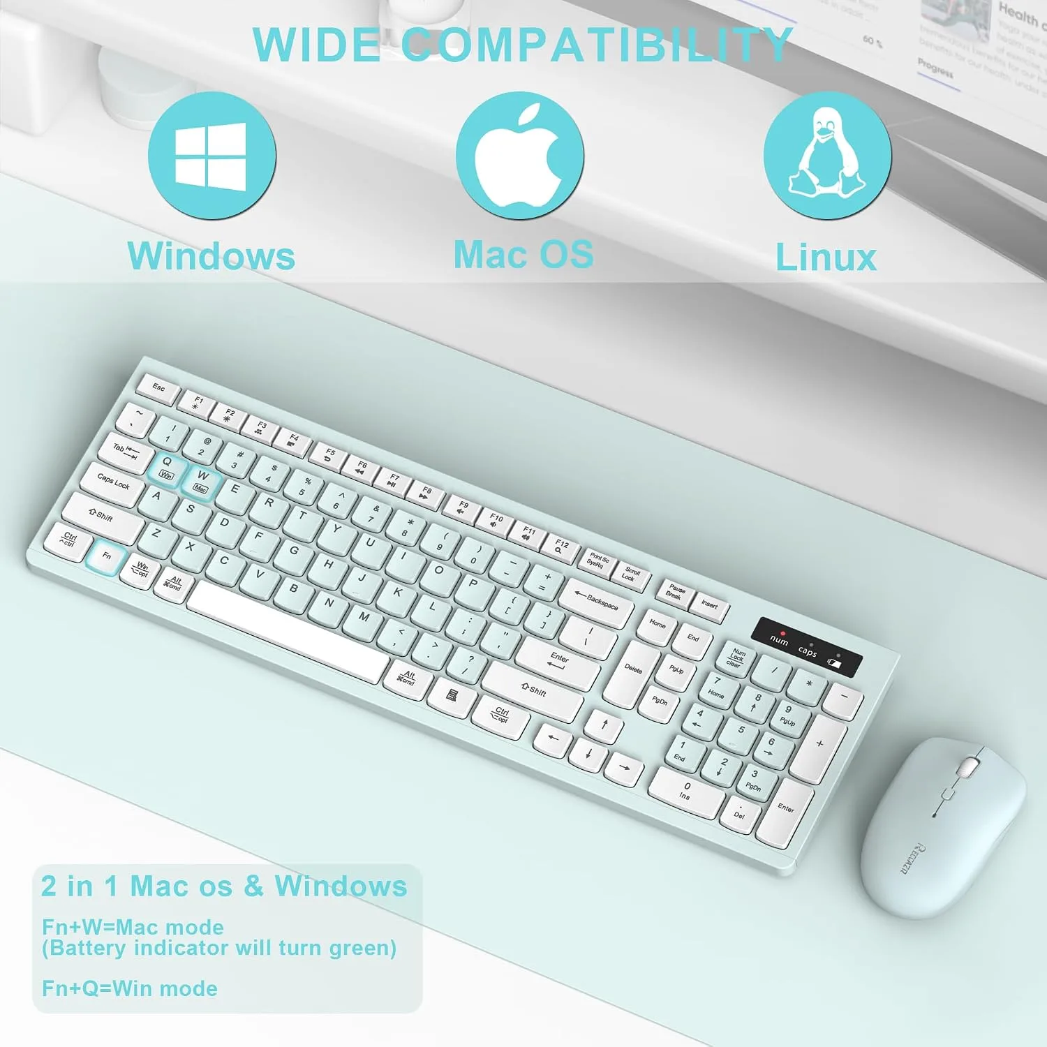 Wireless Keyboard and Mouse Combo Silent for Office and Home(Mint Green)