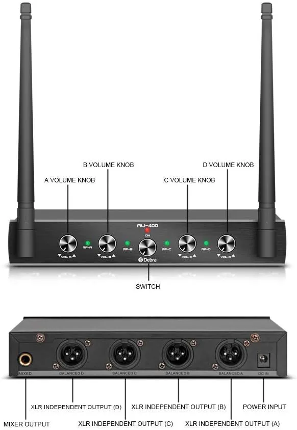 D Debra Audio AU400 Pro UHF 4 Channel Wireless Microphone System