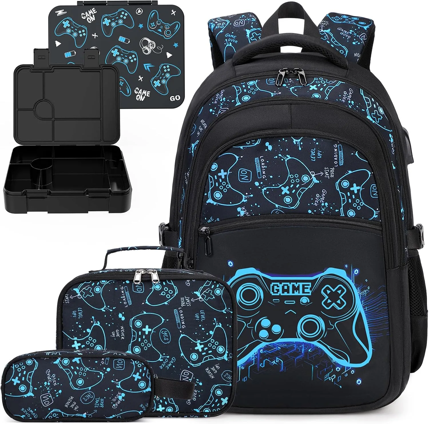 DIGOBAY Boys Backpack for School, 6PCS Cool Luminous Gamer Backpack for Boys with Kids Bento Box Lunch Bag Pencil Case, Kids Backpacks Bookbag for Teen Boys Elementary Middle High School