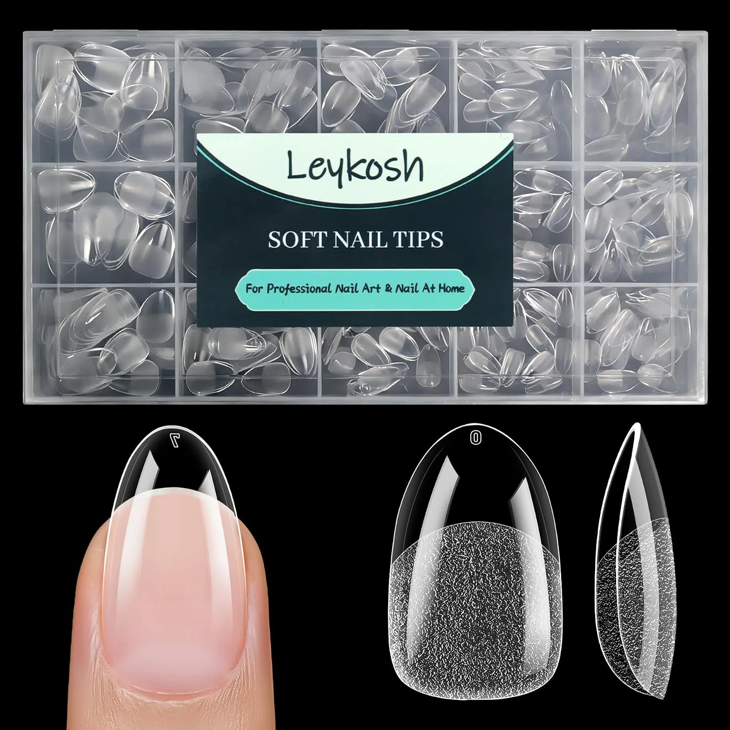Leykosh Medium Round Nail Tips, 15 Sizes 330 PCS Clear Gel Tips