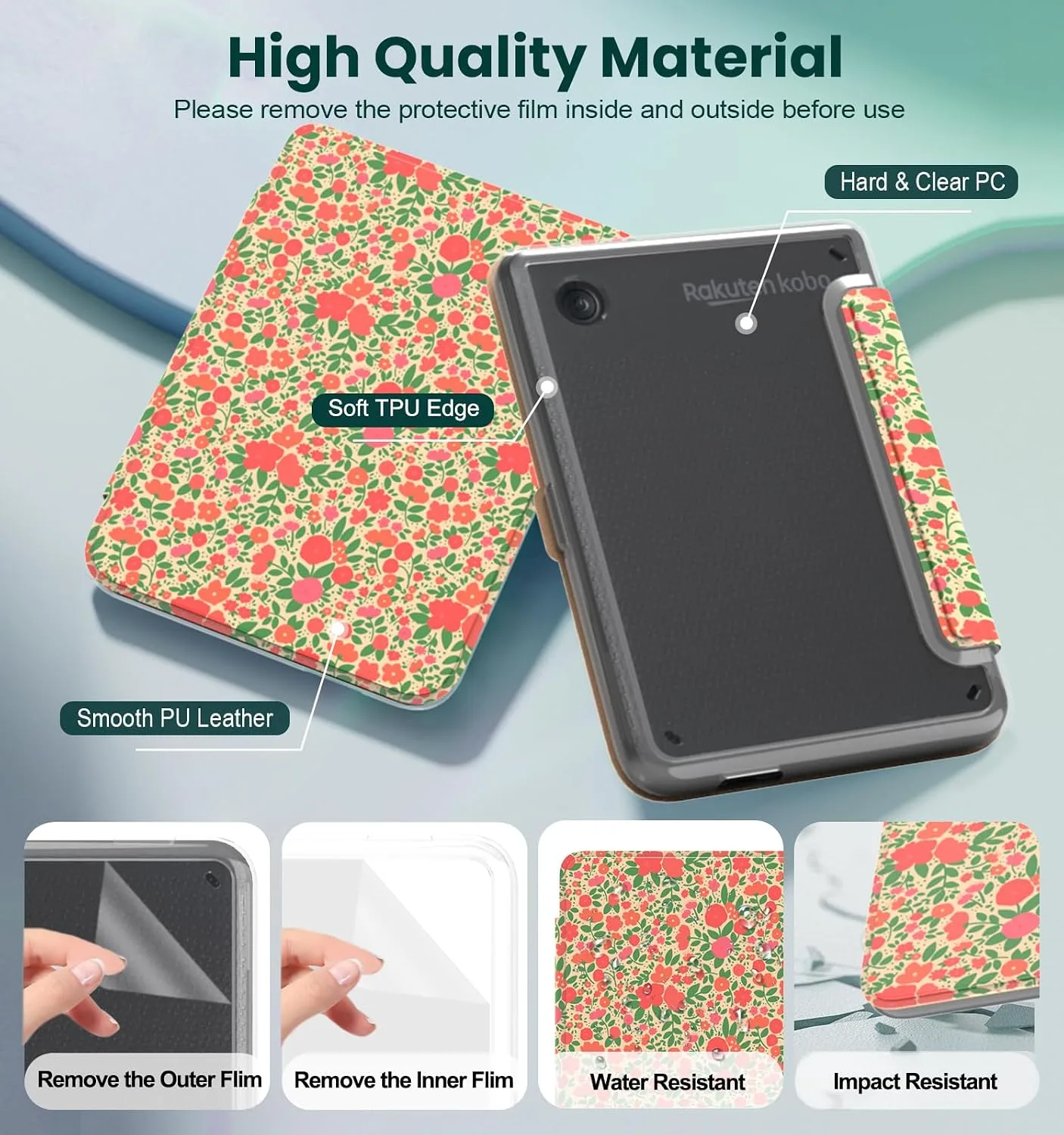 E NET-CASE Detachable Magnetic Case for 6" Kobo Clara Colour (2024) /Clara BW (2024) /2E (2022) eReader, Ultra Clear Back Scratch-Proof Light丨Easy to Detach & Attach丨Auto Sleep/Wake (Orange Flower)