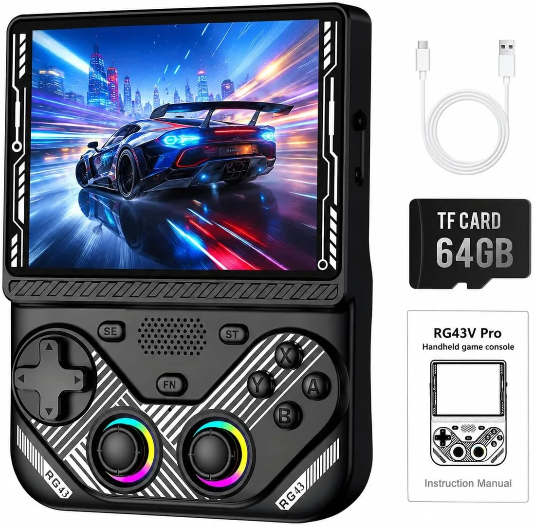 RG43V Pro Retro Handheld Game Console, 4.3" IPS HD Screen, RK3562 Quad-Core Processor, 64GB Support 30+ Emulators & 22000+ Games, WiFi 6 Multiplayer, HDMI Output (Black 64GB)