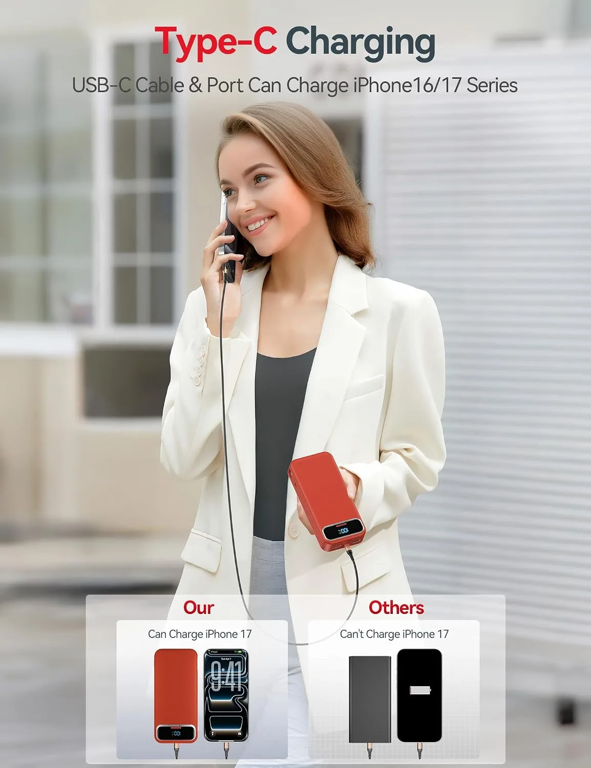 aonidi Portable Charger 20000mAh with Built-in Cables&AC Wall Plug, Red