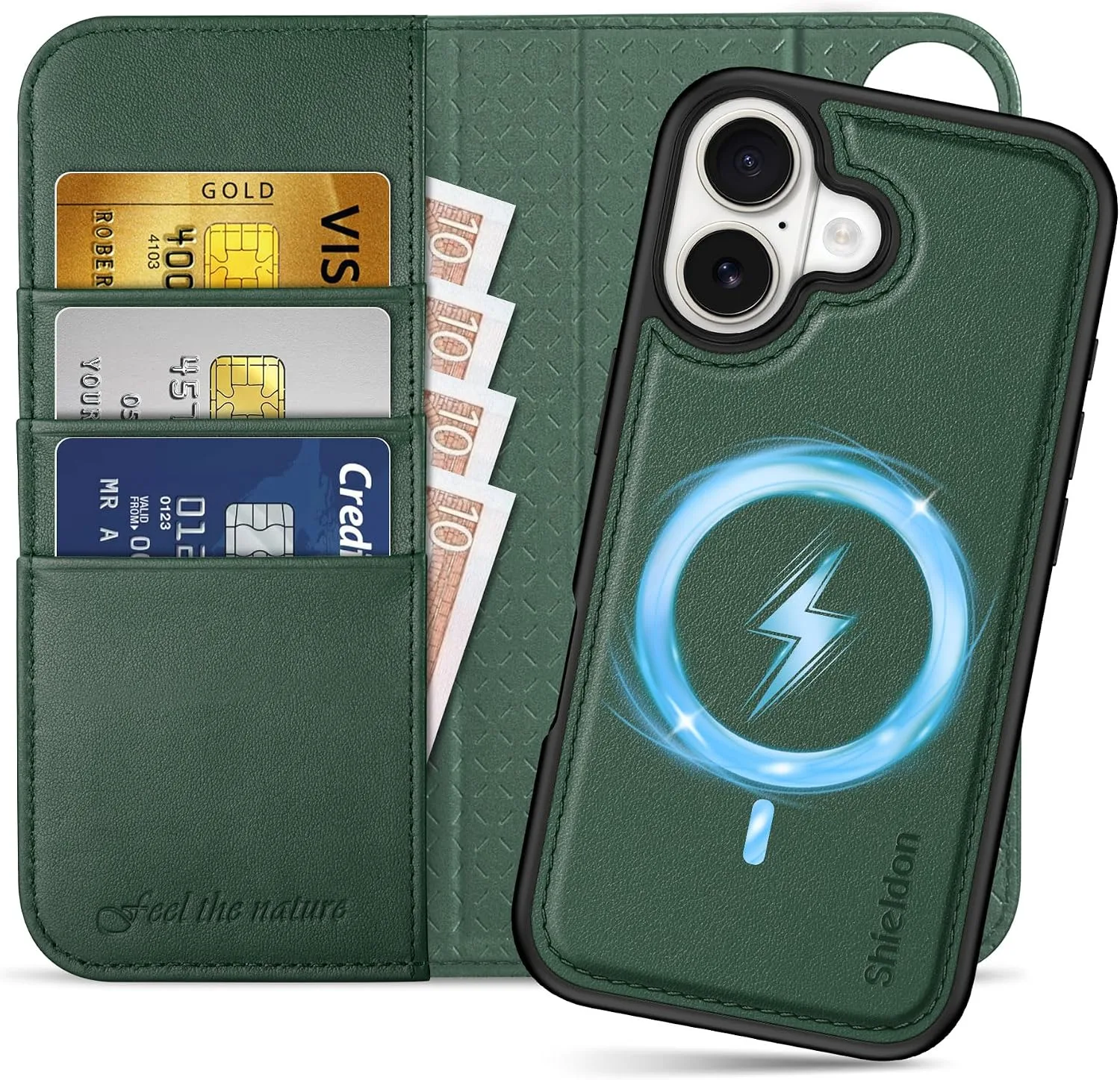 SHIELDON Detachable Leather Wallet Case for iPhone 17 6.3" 2025, Evergreen