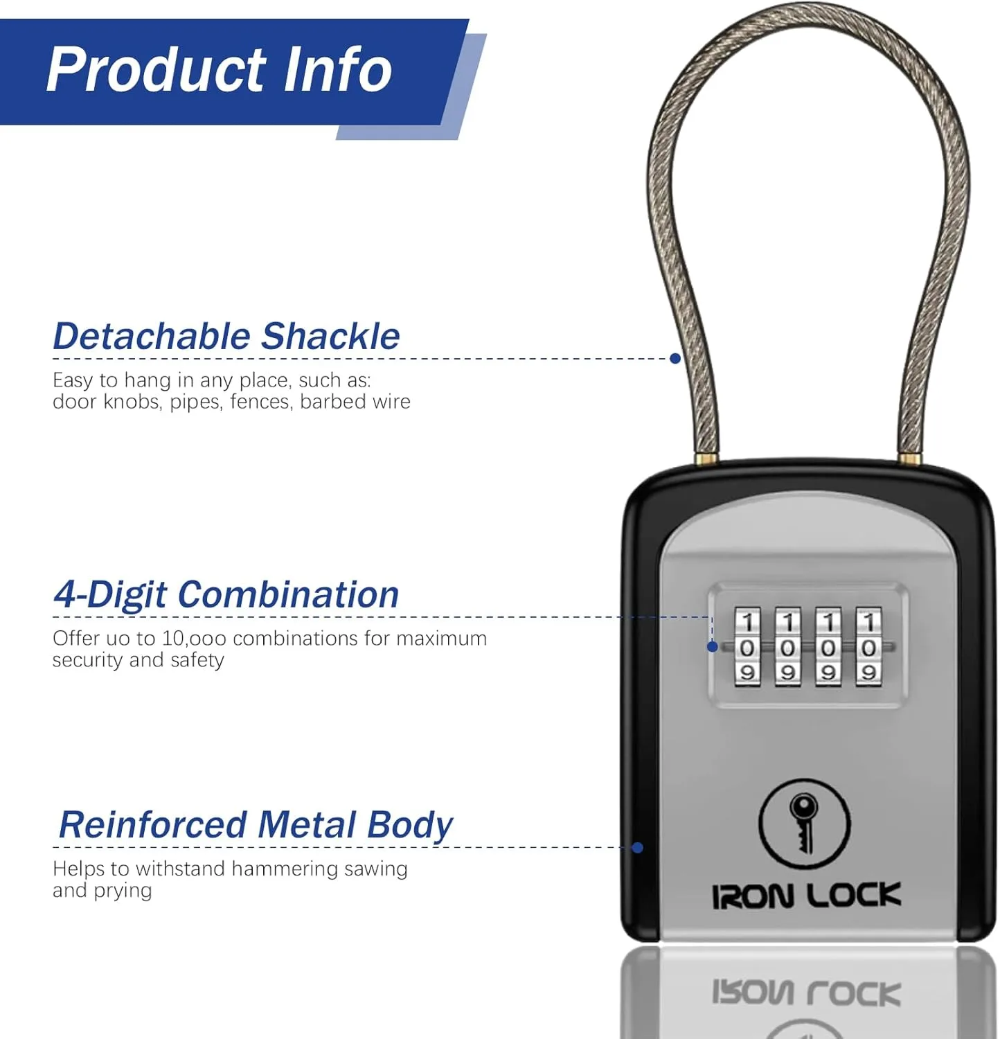 Iron Lock® Key Lock Box with Code, Portable Cable Shackle (Small, Grey)