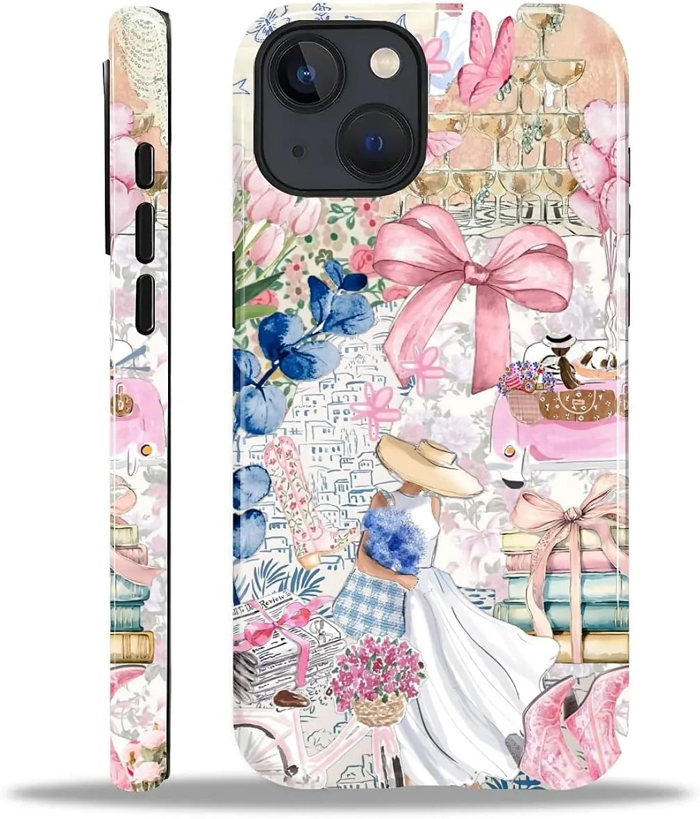 DAIZAG Case for iPhone 15 Plus,Mixed 2 Layer Design Shockproof Soft TPU Ddouble Protection Phone Case for iPhone 15 Plus-Magazine Books Flower Bow Collage