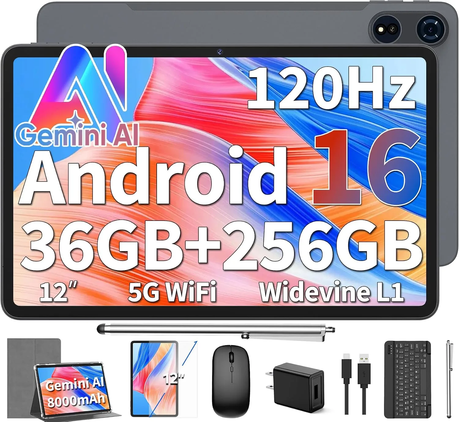 2026 Android 16 Tablet 12 inch - 36GB+256GB+2TB Expand, Gemini AI (Silver)