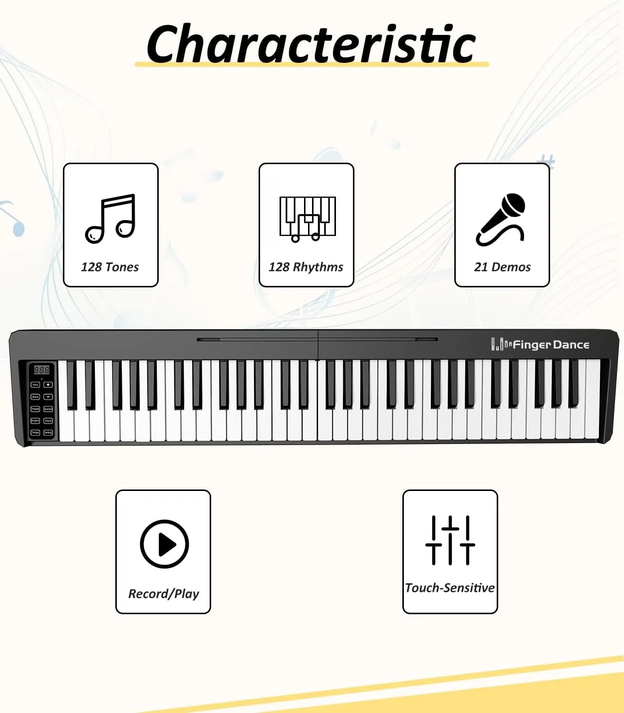 Finger Dance 61 Key Folding Piano Keyboard, Upgrand Imitation Wood Texture Keyboard Portable Piano, Bluetooth & MIDI, Foldable Keyboard Piano for Beginner - Deep Black