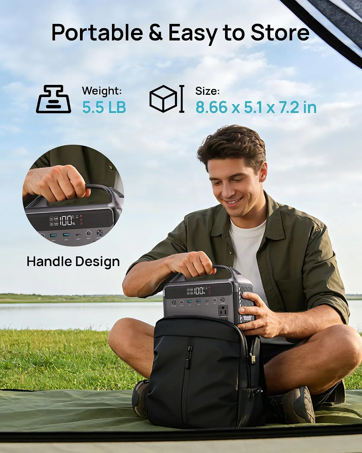 Portable Power Station 192Wh(60,000mAh) with Bag, 300W (600W surge) Power Bank LiFePO4 Battery Backup, Compact Solar Generator 6-Port Design w/2 AC Outlets for Home,RV, Hurricane, Camping,Emergency