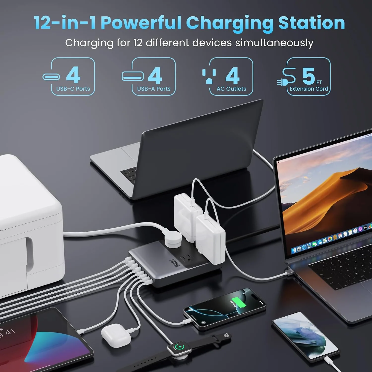 12-in-1 Charging Station USB C Power Strip with 5ft Cord and Plug,200W GaN IV USB C Charger Block,4 AC Outlets,8 USB for MacBook,iPhone 18/17/16/15,Fast Charging Desktop Charger for Office,Home