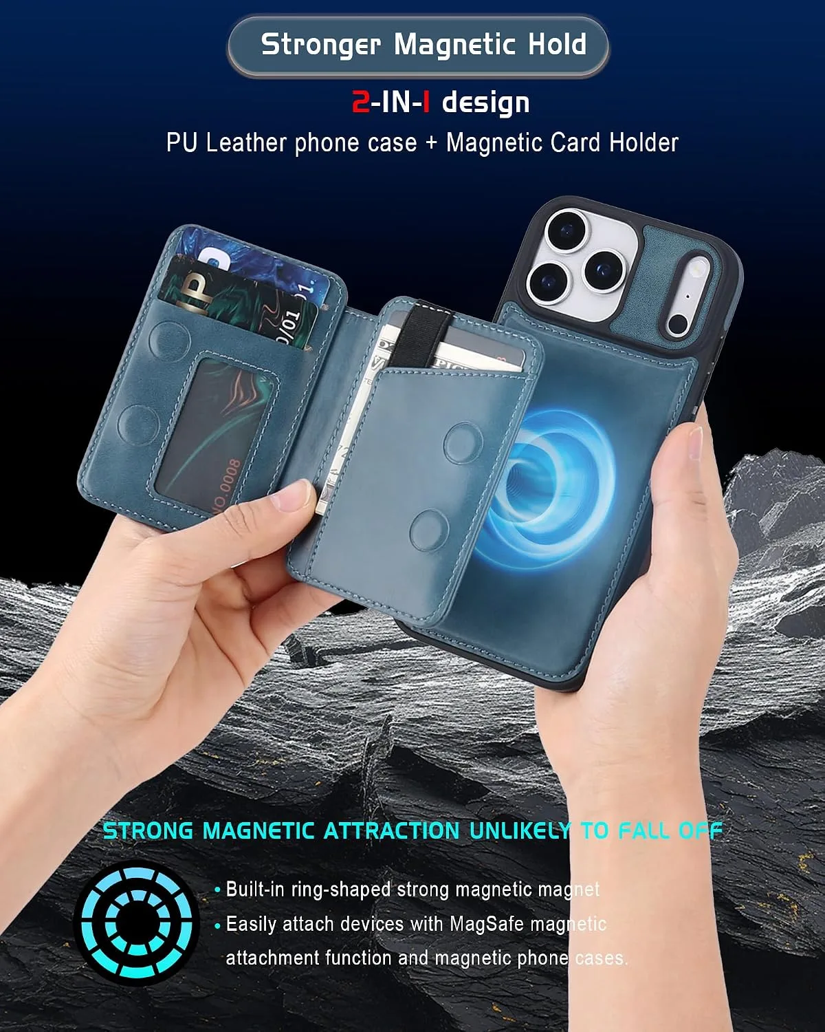 Magnetic Detachable Wallet Case for iPhone 18/17 Pro with Kickstand,2-in-1 MagSafe Compatible RFID Blocking Card Holder,Slim PU Leather Cover Blue
