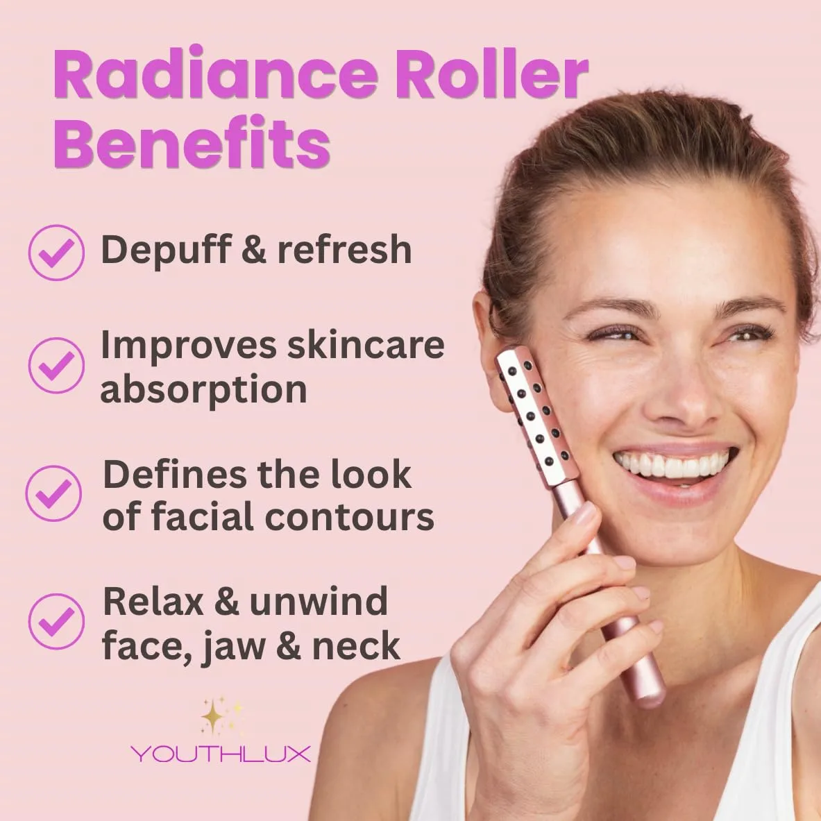 Radiance Roller – Germanium Stone Facial Massage Tool/Wand Face Roller for Lifting, Sculpting, De-Puffing, Glow Boost, Energizing & Cooling Effect (Rose Gold)