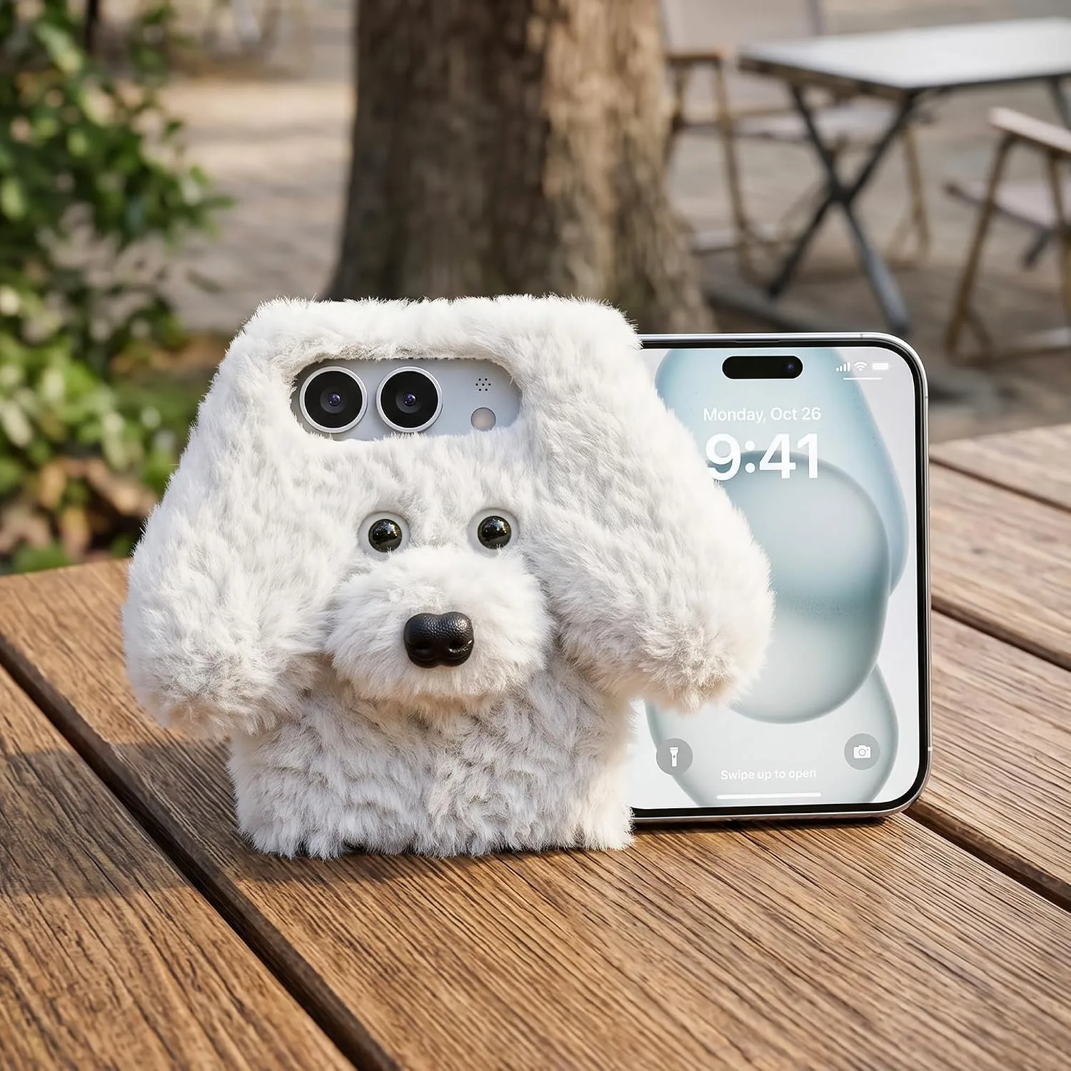 Losin for iPhone Duo Plush Furry Dog Cartoon Case, White