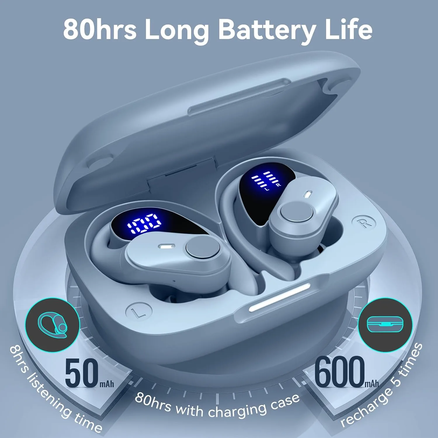 Active Noise Cancelling Ear Buds Wireless Bluetooth Headphones 80H Playtime Display Charging Case 50dB ANC Over Earhooks Earbuds with Hi-Res Sound Clear Calls for Sport Running Gym Workout Sierra Blue