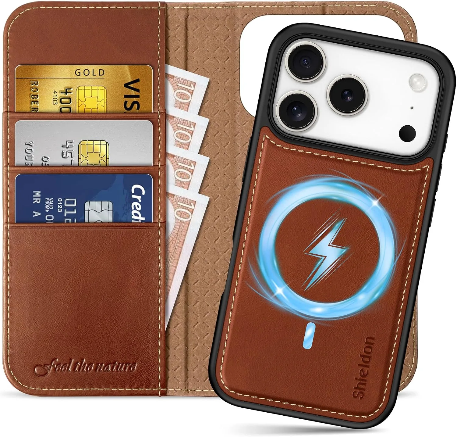 SHIELDON 2 in 1 Leather Case Wallet for iPhone 18 Pro/17 Pro, Retro Brown