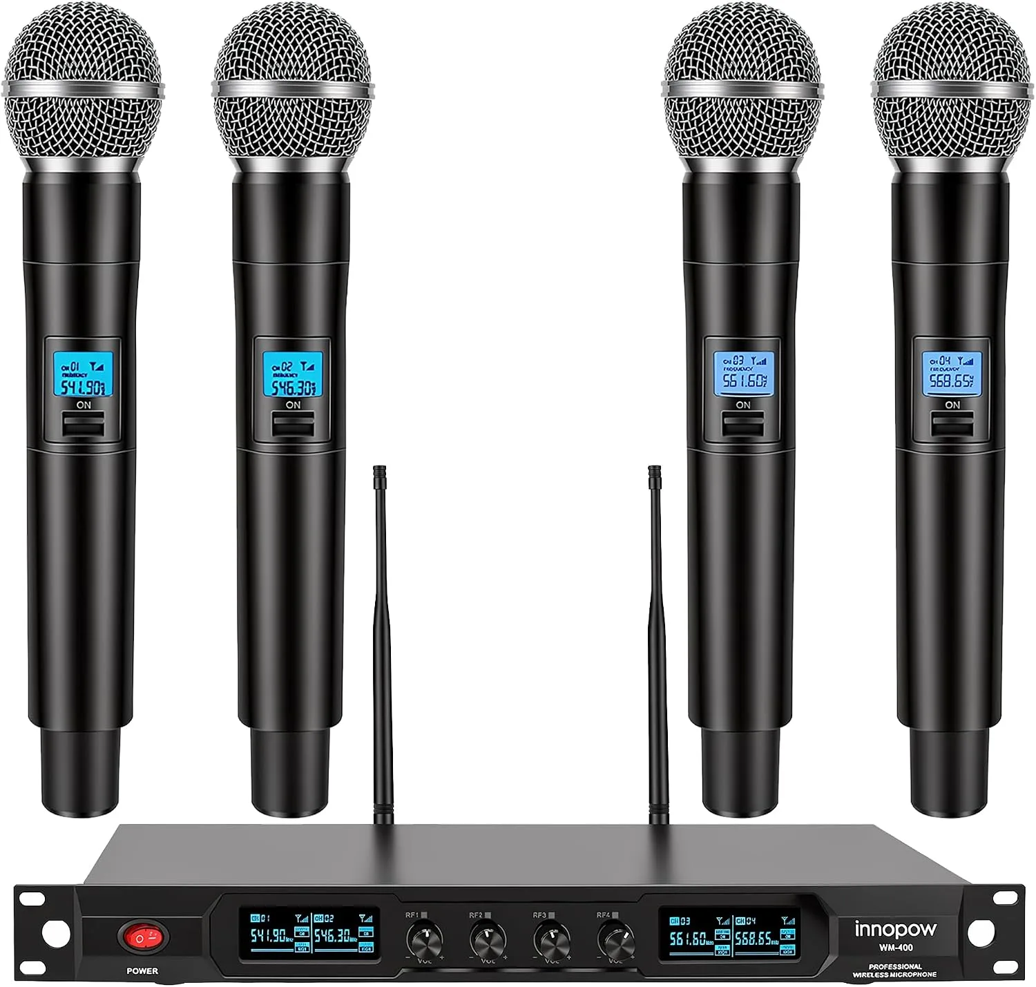 innopow 4-Channel Wireless Microphone System, Quad UHF Metal Cordless Mic, 4 Handheld Mics, Long Distance150-200Ft, Fixed Frequency, 16 Hours Use for Karaoke Singing, Church