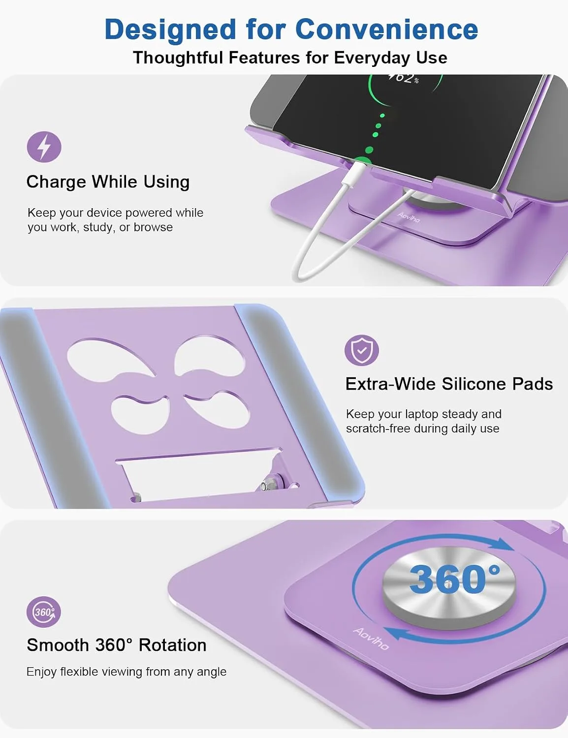 Aoviho Adjustable Laptop Stand for Desk - 360° Rotating Laptop Riser, Ergonomic Computer Stand Foldable Holder Compatible with MacBook Pro/Air, HP, Dell, Lenovo and Tablets Up to 16", Purple