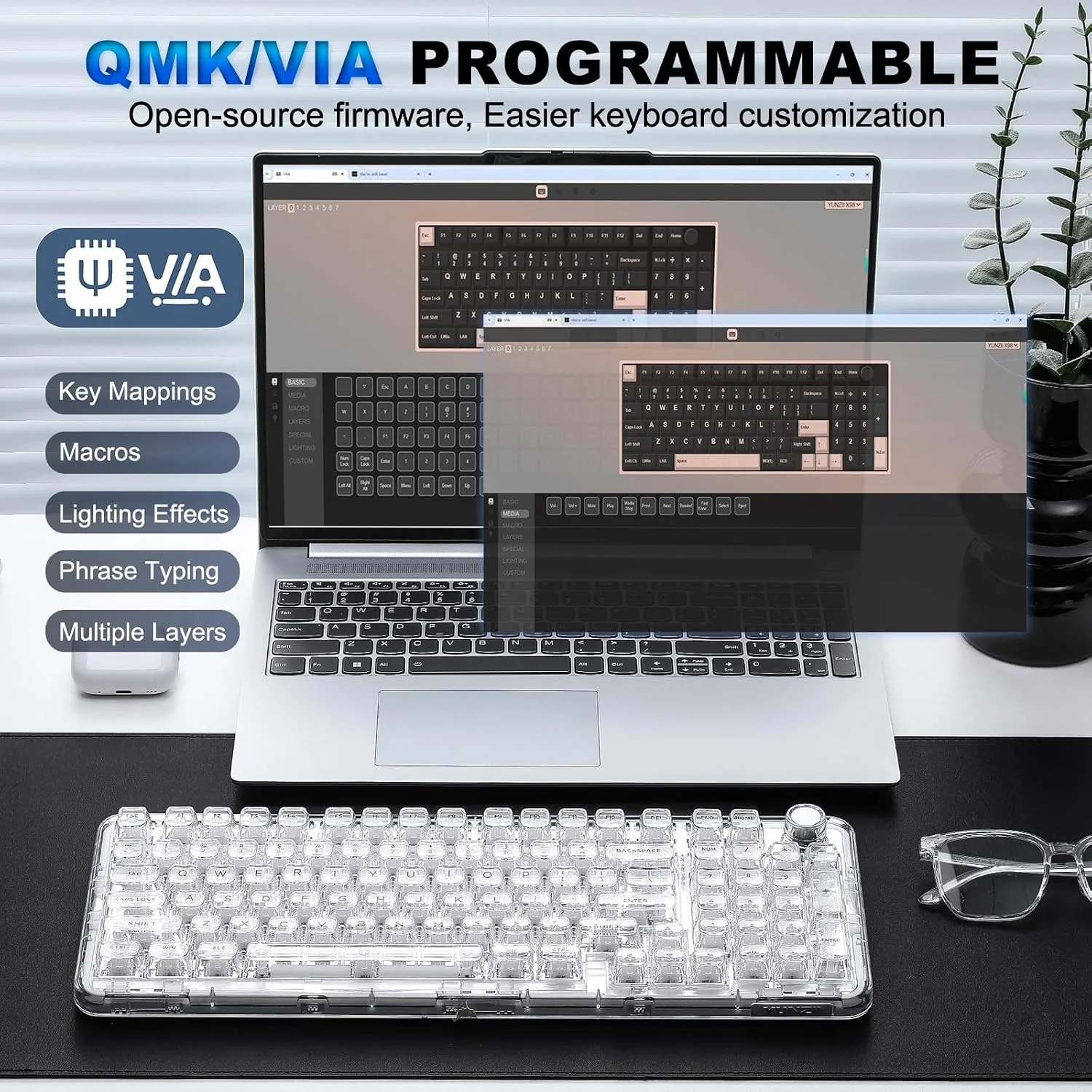 YUNZII X98 Wireless Mechanical Keyboard with Knob (White, Crystal Switch)