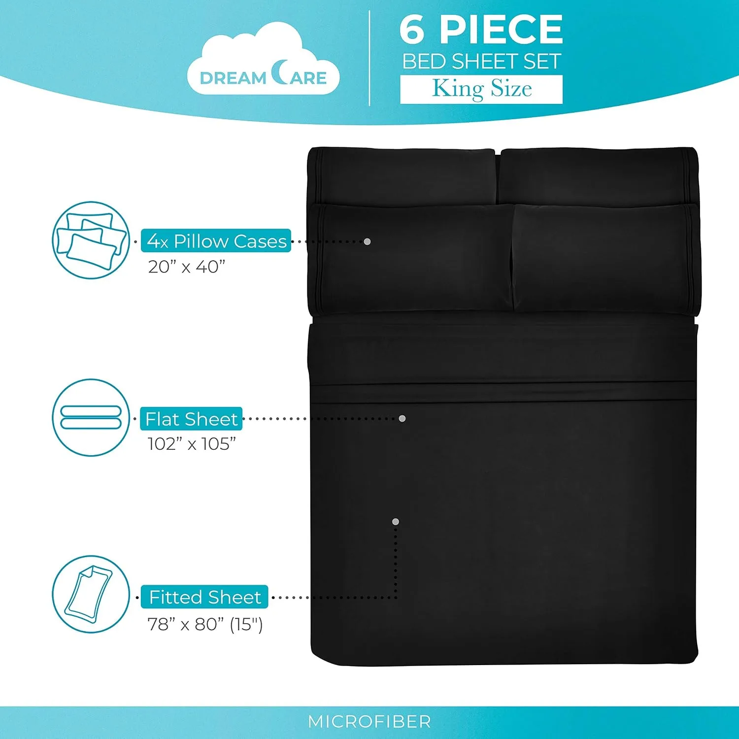 DREAMCARE King Size Sheets Set - 6 pcs Breathable Cooling Sheets King Size