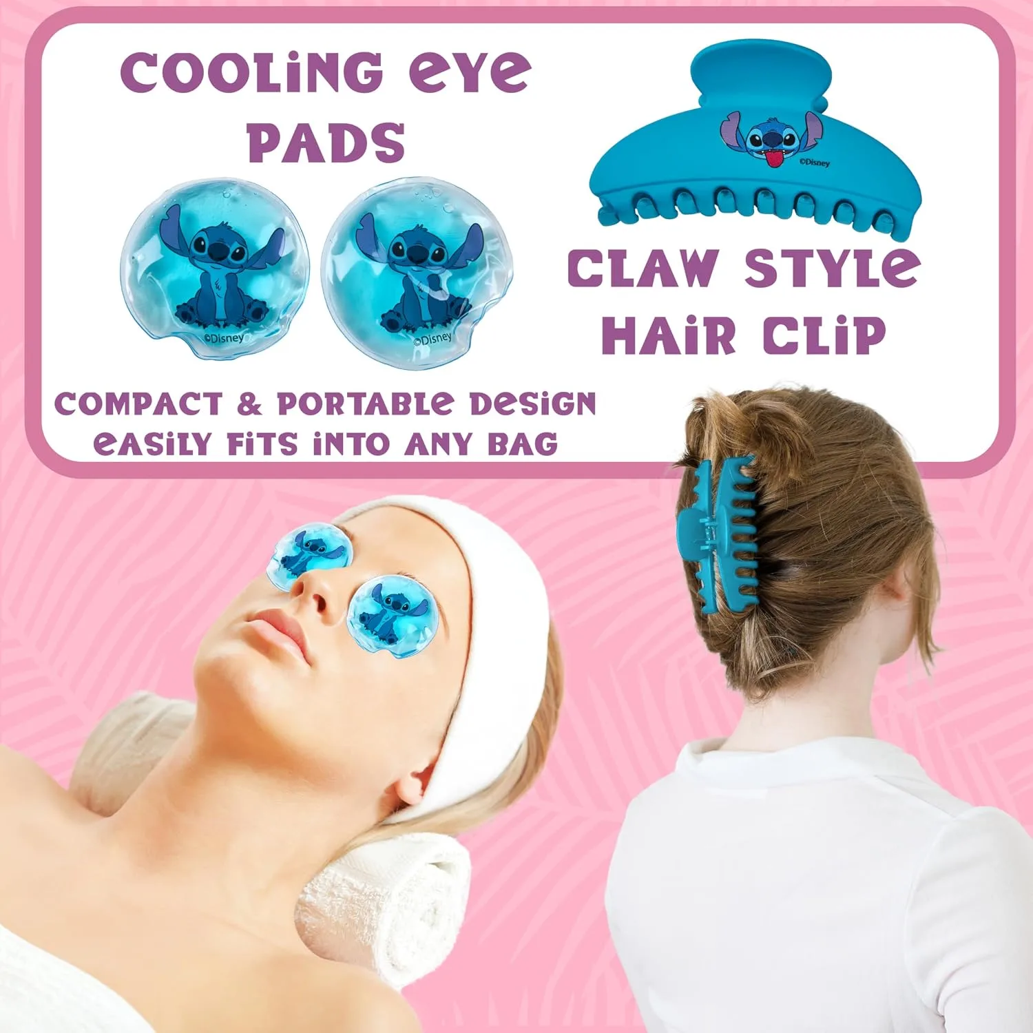 Disney Stitch Beauty Accessories Set with Cooling Eye Mask Gel Eye Pads Fluffy Skincare Headband Hair Claw Clip Relaxing Beauty Gifts for Women (Blue)