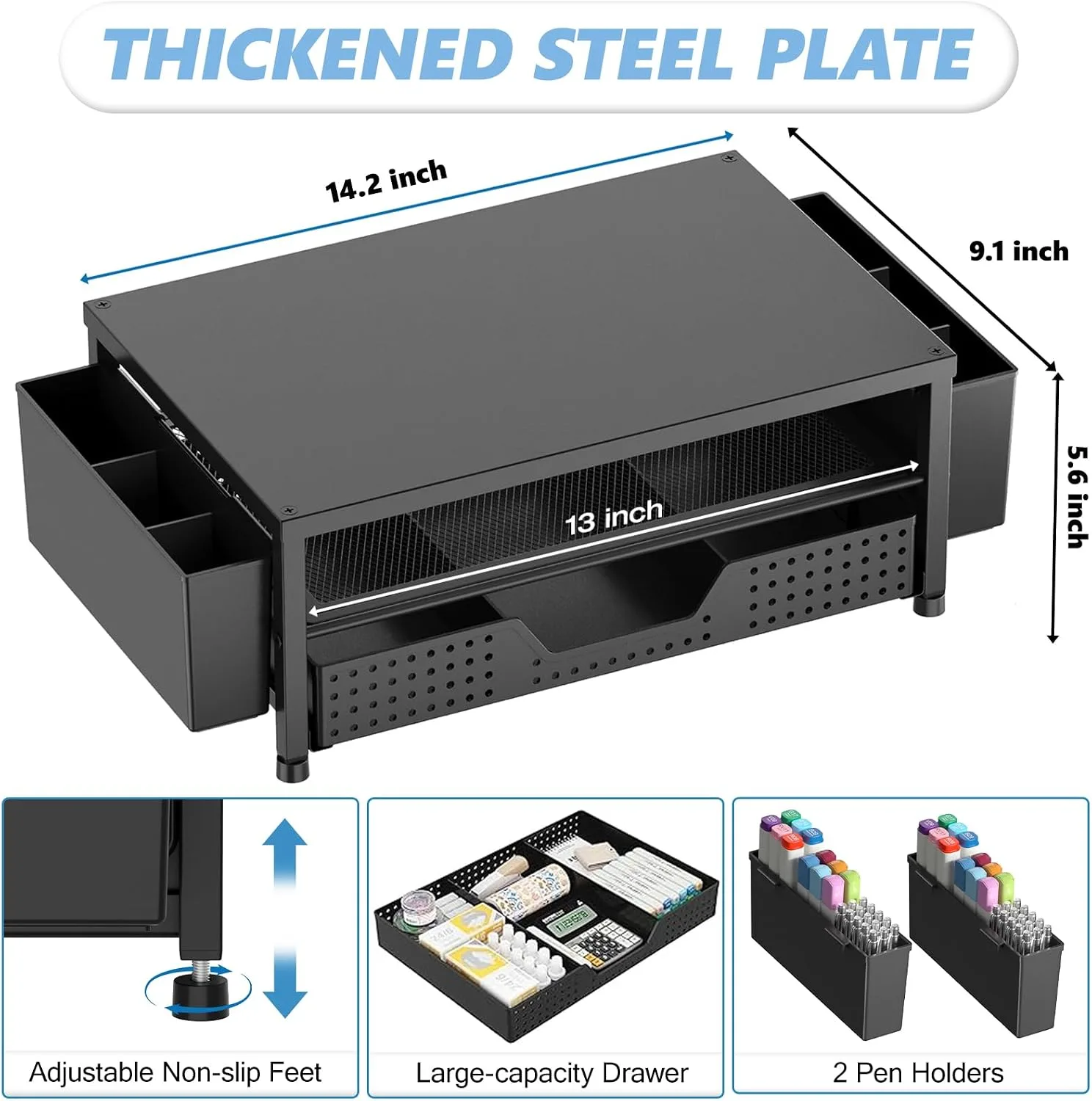 OPNICE Desk Organizer, Monitor Stand Riser with Drawer and 2 Pen Holders