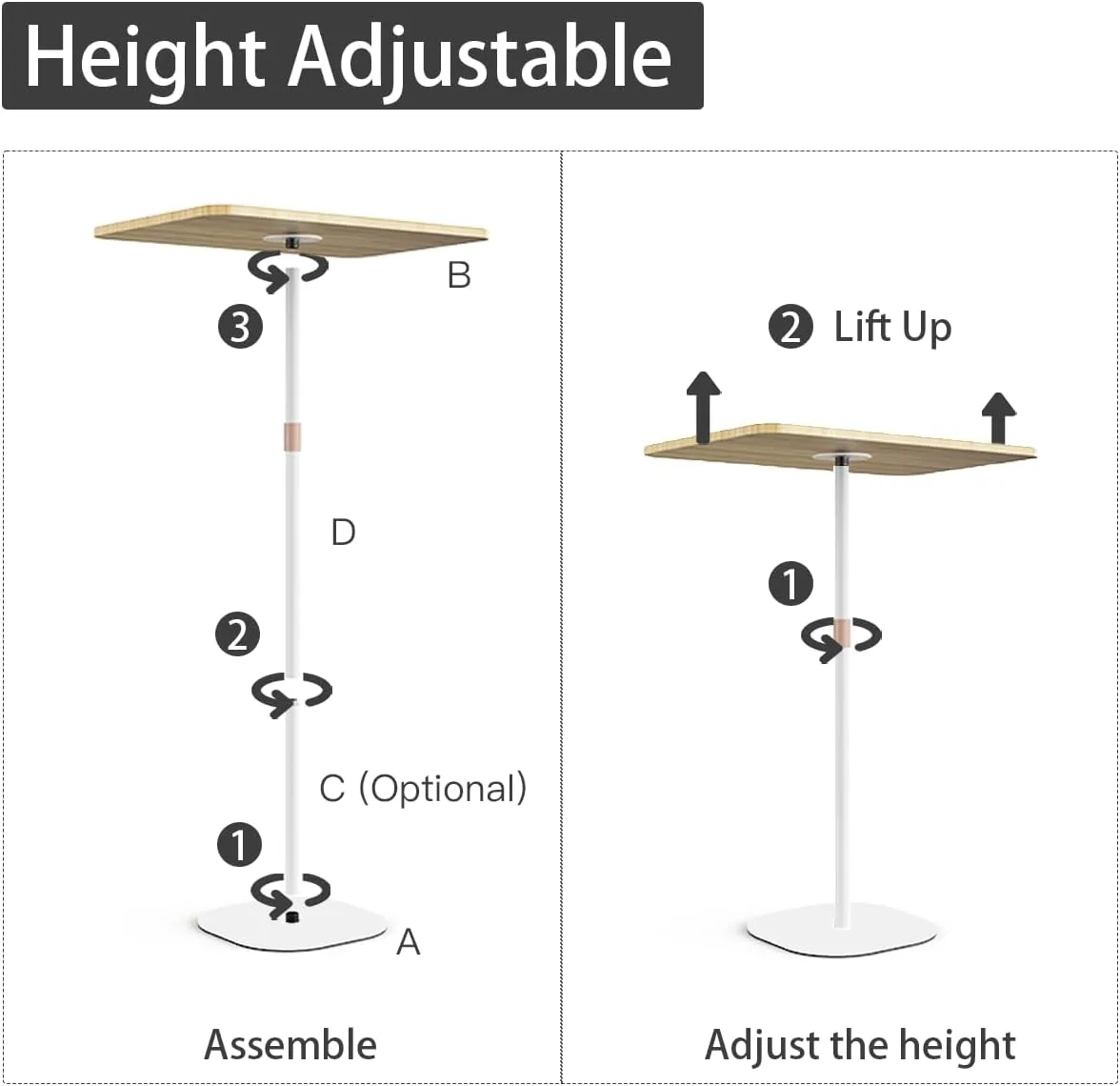 Small Laptop Standing Desk, 18“H - 46”H Adjustable Height Pedestal Side Table with Wooden Top, Portable Tall End Table, Stand-Up Desk for Bedside, Couch, Sofa, Living Room, Bedroom, Home Office, White