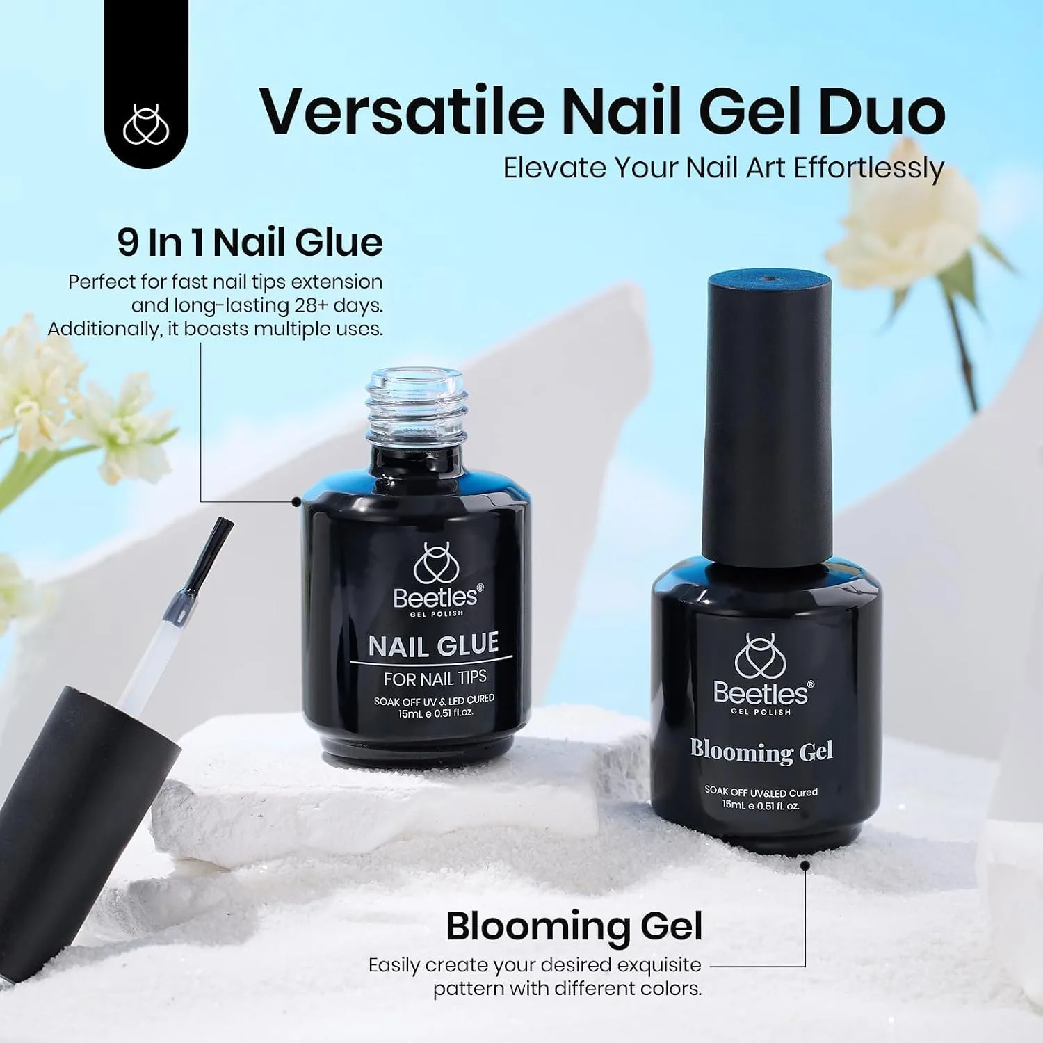 Beetles Nail Glue and Blooming Gel 15 ml 2Pcs for Blooming Aura Nails