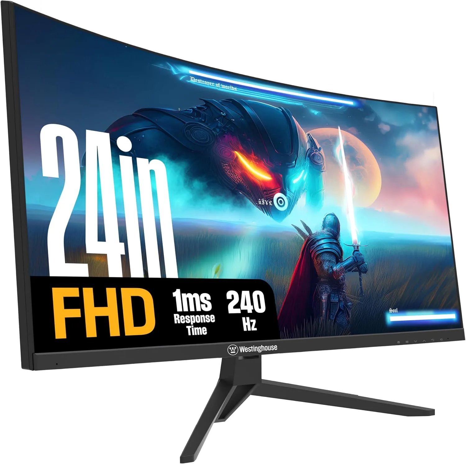 Westinghouse 24 Inch Curved Gaming Monitor, 240Hz, 1ms, FHD 1080P, 3000:1 Contrast Ratio, 118% SRGB, 1500R, AMD FreeSync, Eyecare, for PC Games with Built-in Speakers, VESA, DisplayPort, HDMI