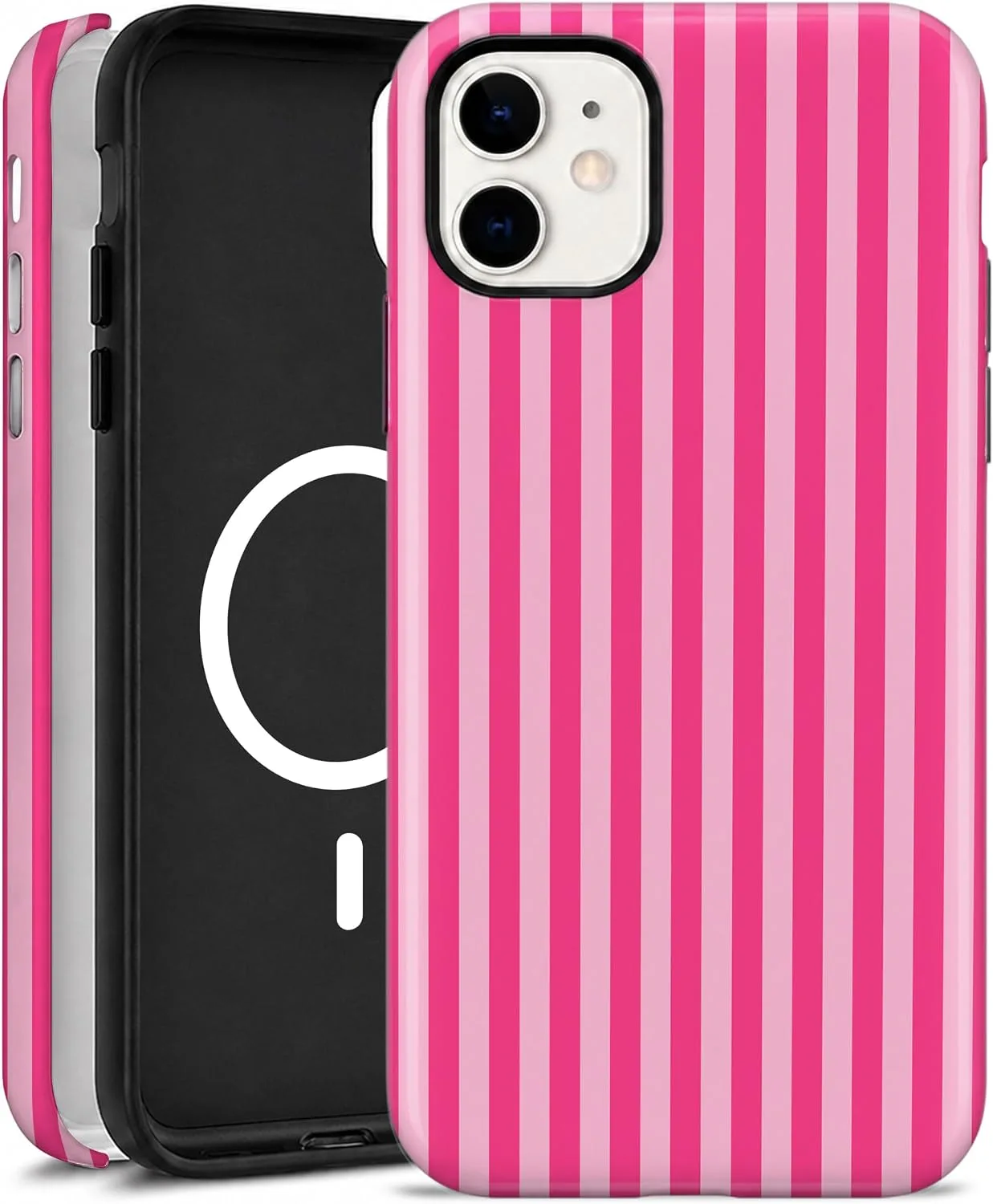 Magnetic for iPhone 11 Phone Case, Cute Aesthetic Hot Pink Striped