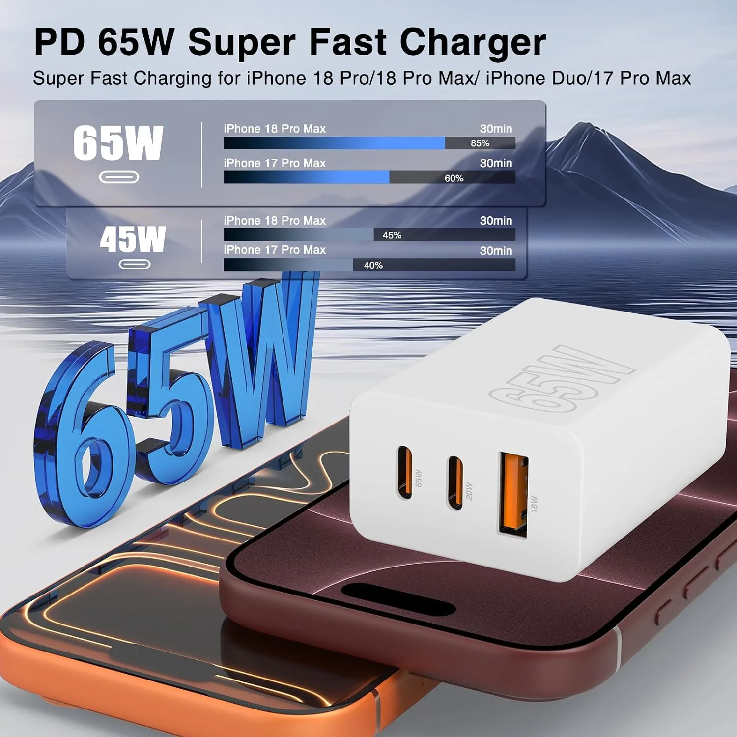 65W Fast Charging for iPhone Duo 18 17 16 Pro Max,3 Port 100W USB C Charger Block & 3/6/10/10FT Braided Type C Cord for iPhone 17 16 15 Pro/MacBook Air/iPhone 18 Pro/for Samsung S26 Ultra