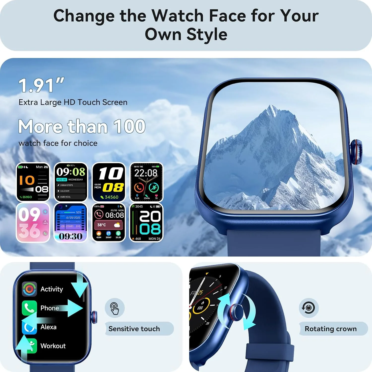 Yoever Smart Watch for Women Men iPhone & Android, 1.85" Fitness & Sleep Tracker with Calls/Text, Smartwatch IP68 Waterproof, 110+ Sport Modes, Heart Rate/SpO2 Monitor