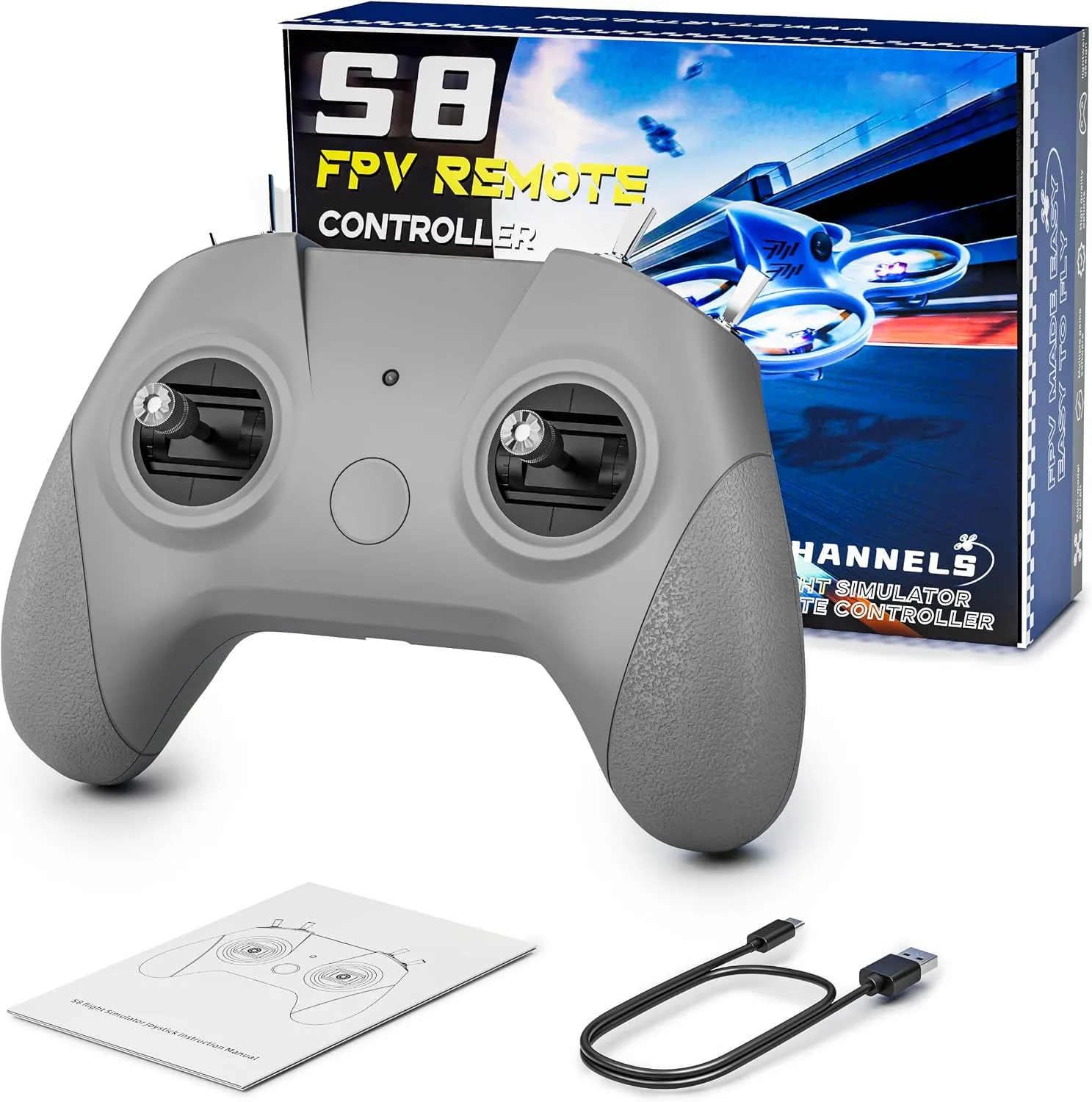 FLYDrone S8 Pro FPV Simulator Controller for Windows PC, USB-C Drone Flight Simulator Joystick, 8-Channel Mode 2 RC Training Remote with Non-Centering Throttle for Liftoff/DRL/Uncrashed, Grey (Grey)