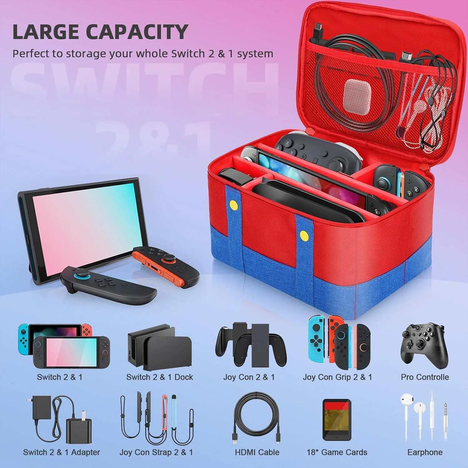 Vadaxx Cute Switch Carry Case for Nintendo Switch2/1/Lite/OLED, Portable Soft Shell Waterproof Protective Storage Travel Carrying Case Messenger Bag Oxford for NS SD Console Dock JoyCons Accessories