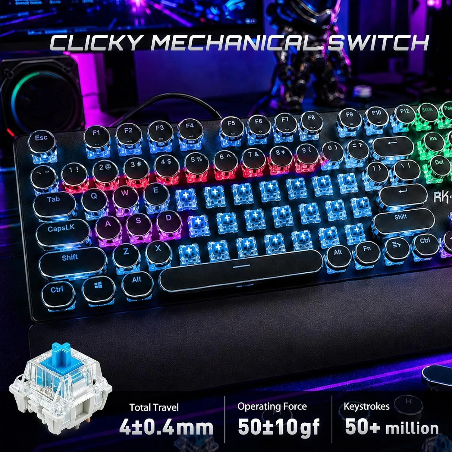 RK ROYAL KLUDGE S108 Typewriter Mechanical Keyboard, Wired Gaming Keyboard with Number Pad, Full Size Retro Keyboards w/Detachable Wrist Rest for Mac/Win/PC, Clicky Blue Switch, Rainbow Backlit Black