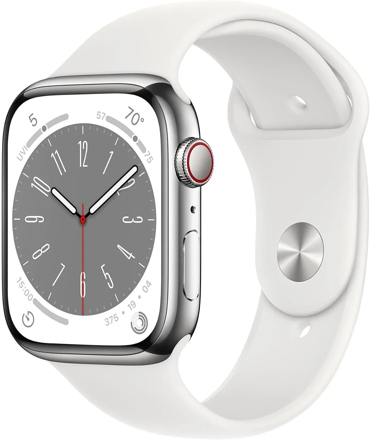 Apple Watch Series 8 (GPS + Cellular, 41mm) - Silver Stainless Steel Case with White Sport Band M/L (Renewed)