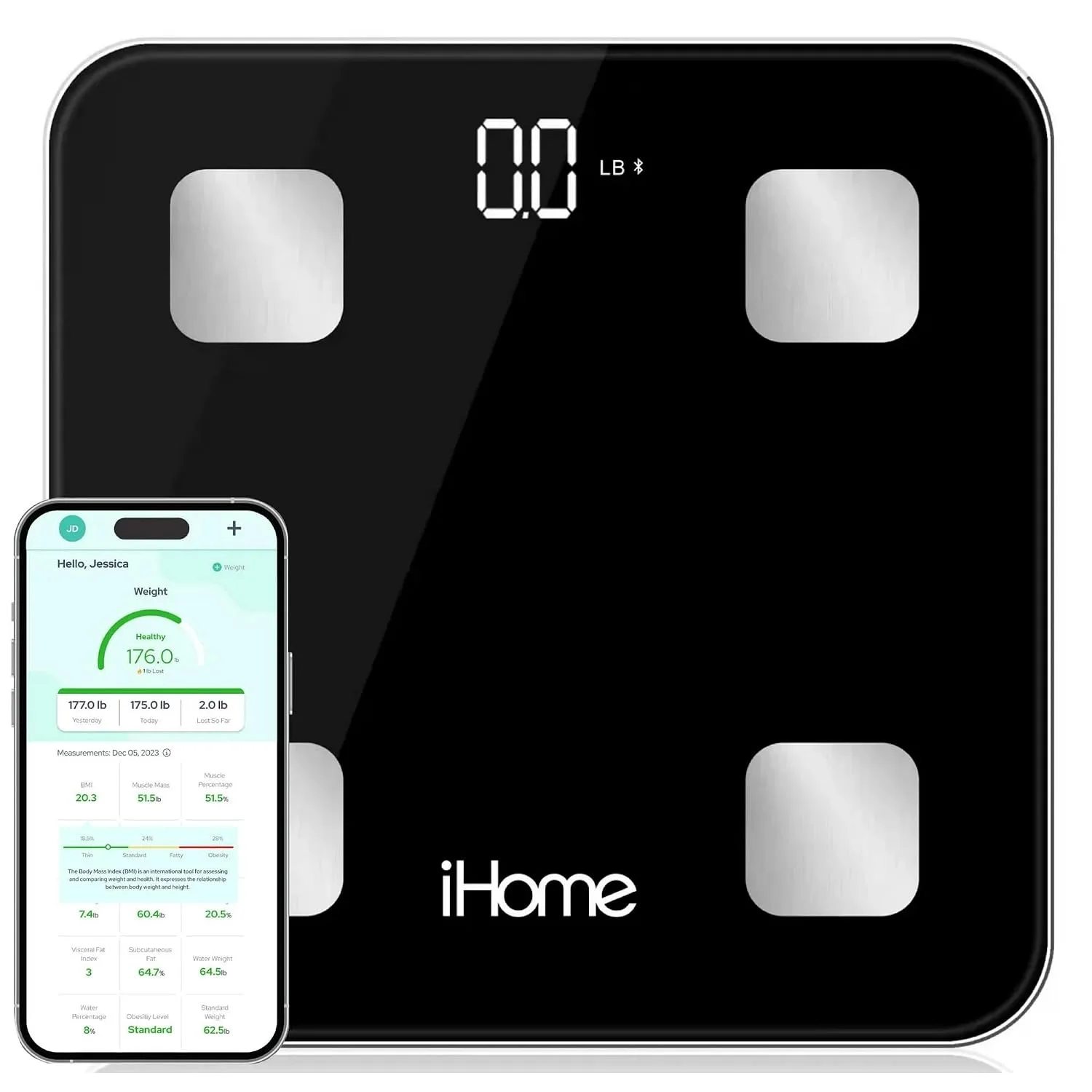 Báscula digital Bluetooth iHome negra con medición corporal