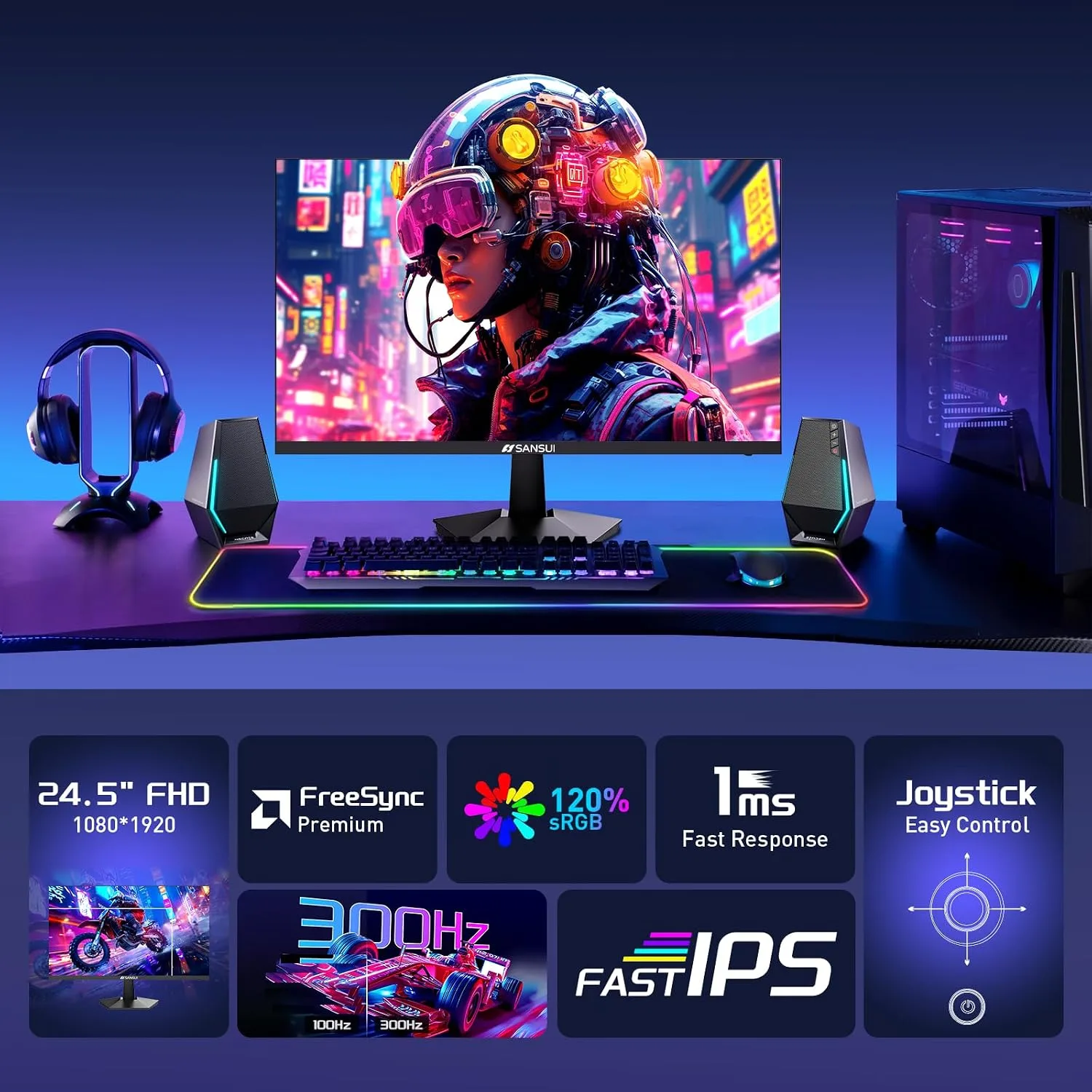 SANSUI 24.5 Inch 300hz 240hz, FHD 1080P Gaming Monitor for FPS PC Gaming