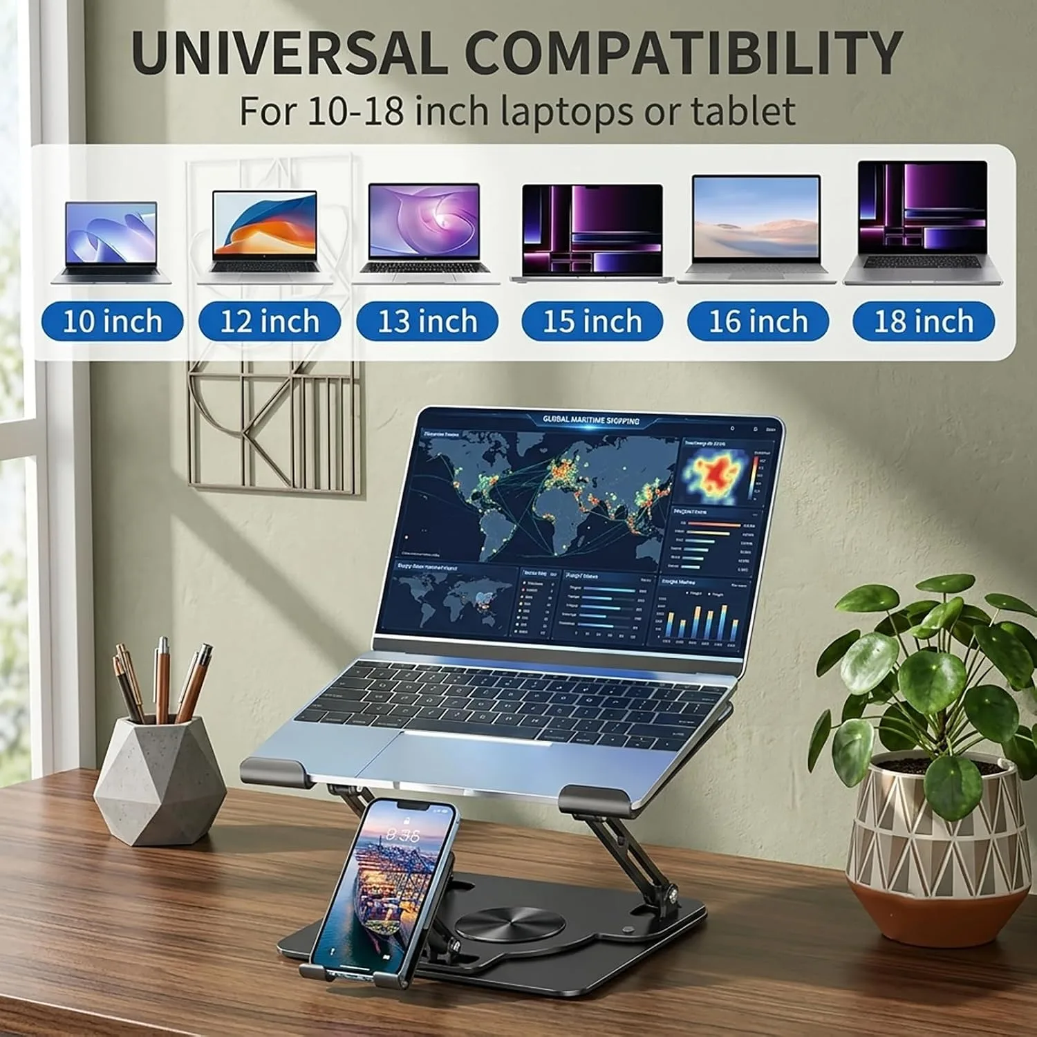 Adjustable 360°Rotating Laptop Stand, 2-in-1 Ergonomic Carbon Steel Laptop Riser with Detachable Phone Holder, Hollow Cooling Notebook Stand Fits 12.9-18 Inch Laptops (Black)