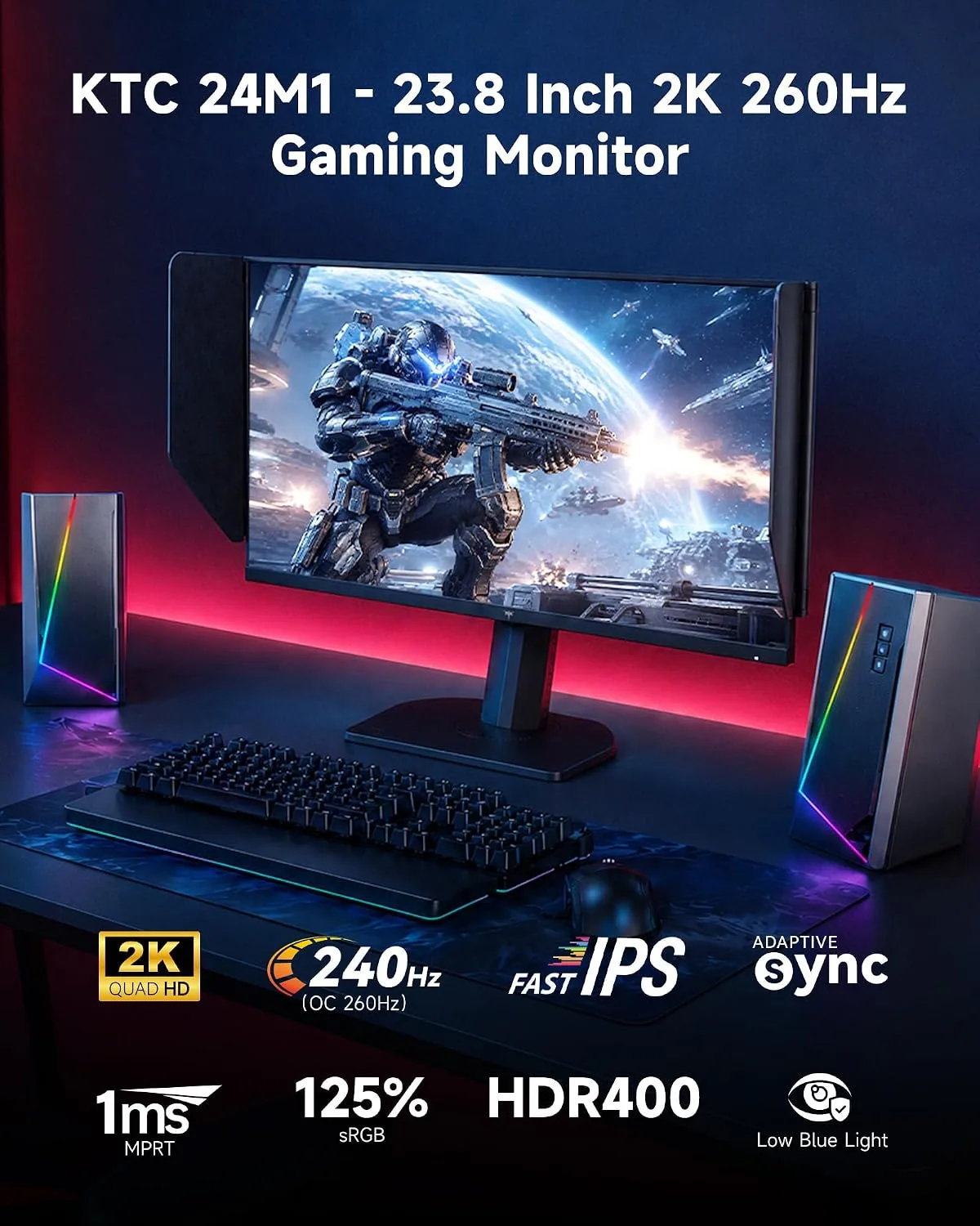 KTC 24 Inch Gaming Monitor, 2K 240Hz (oc 260Hz) Monitor Fast IPS, 24M1