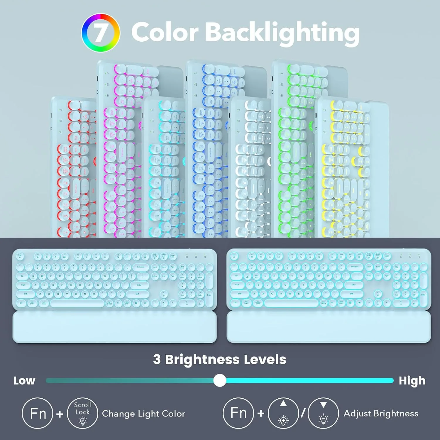 Wireless Keyboard and Mouse Combo, Backlit Round Keycaps, Glowing Blue