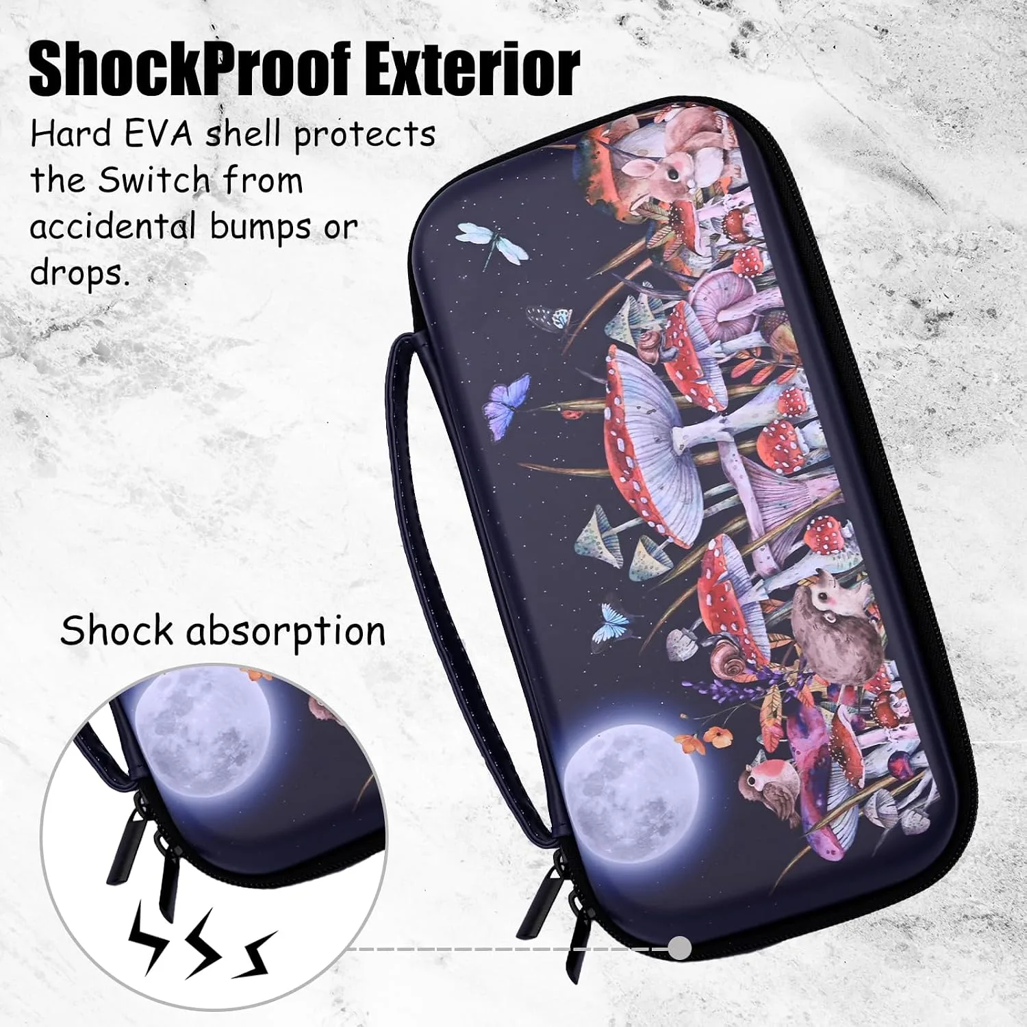 WtallasiSei Mushrooms Moon Butterfly Carry Case Compatible With Nintendo Switch Lite And Switch Oled, Hard Portable Travel Storage Bag For Accessories Console Games