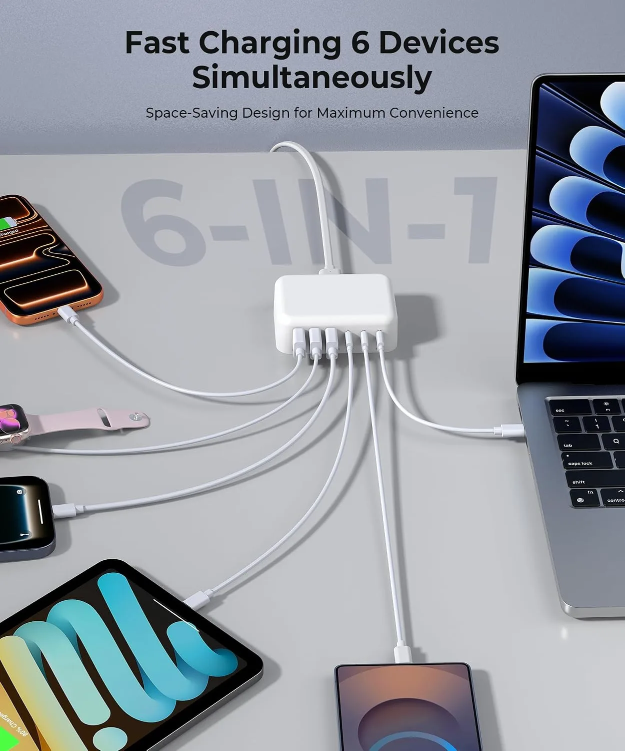 Slim USB Charging Station 30% Faster 140W 6-Port GaN USB C Charger Block