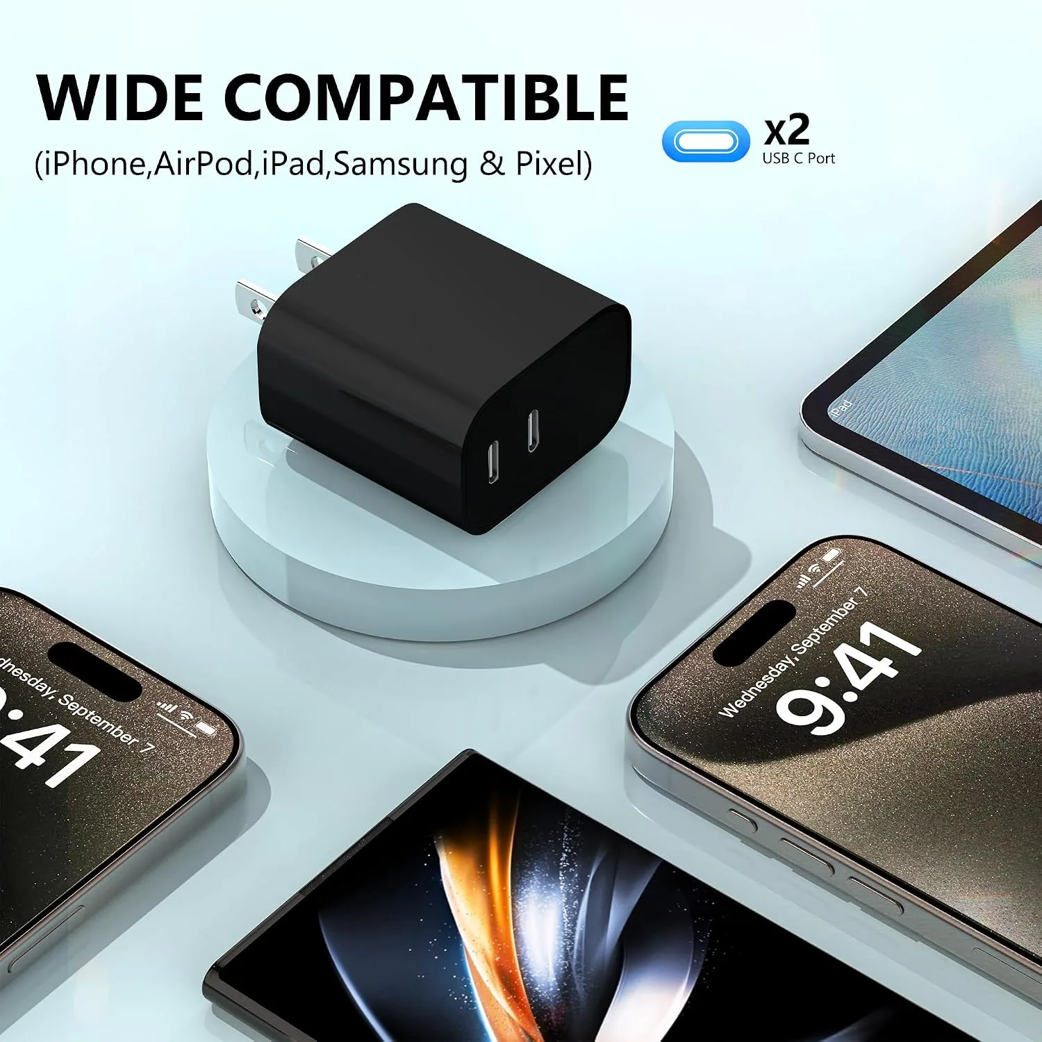 USB C Charger Block 3 Pack, Dual Port 20W Fast Wall Plug (Black)