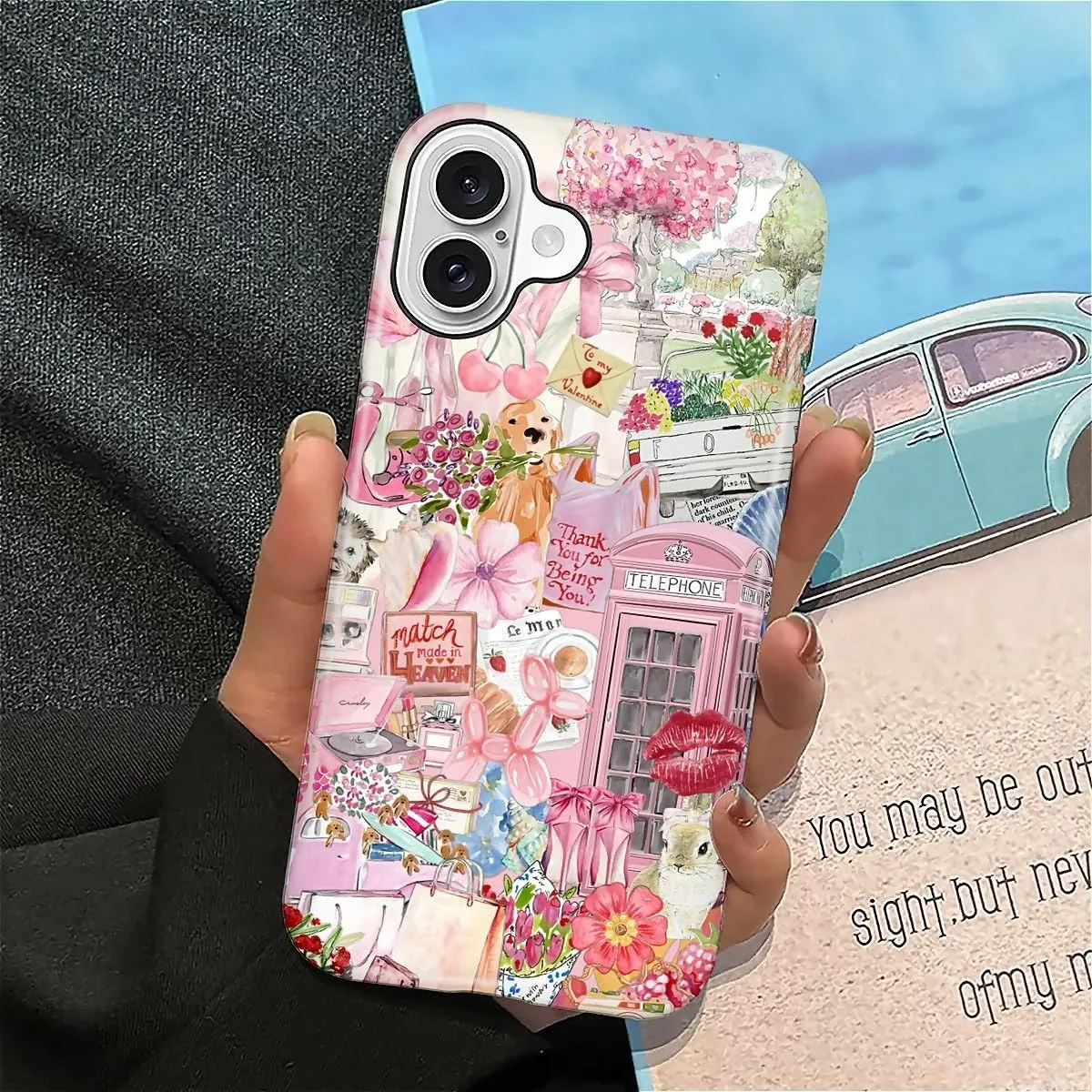 DAIZAG Case for iPhone 16,Mixed 2 Layer Design Shockproof Soft TPU Ddouble Protection Phone Case for iPhone 16-Cute Pink Animal Garden Collage