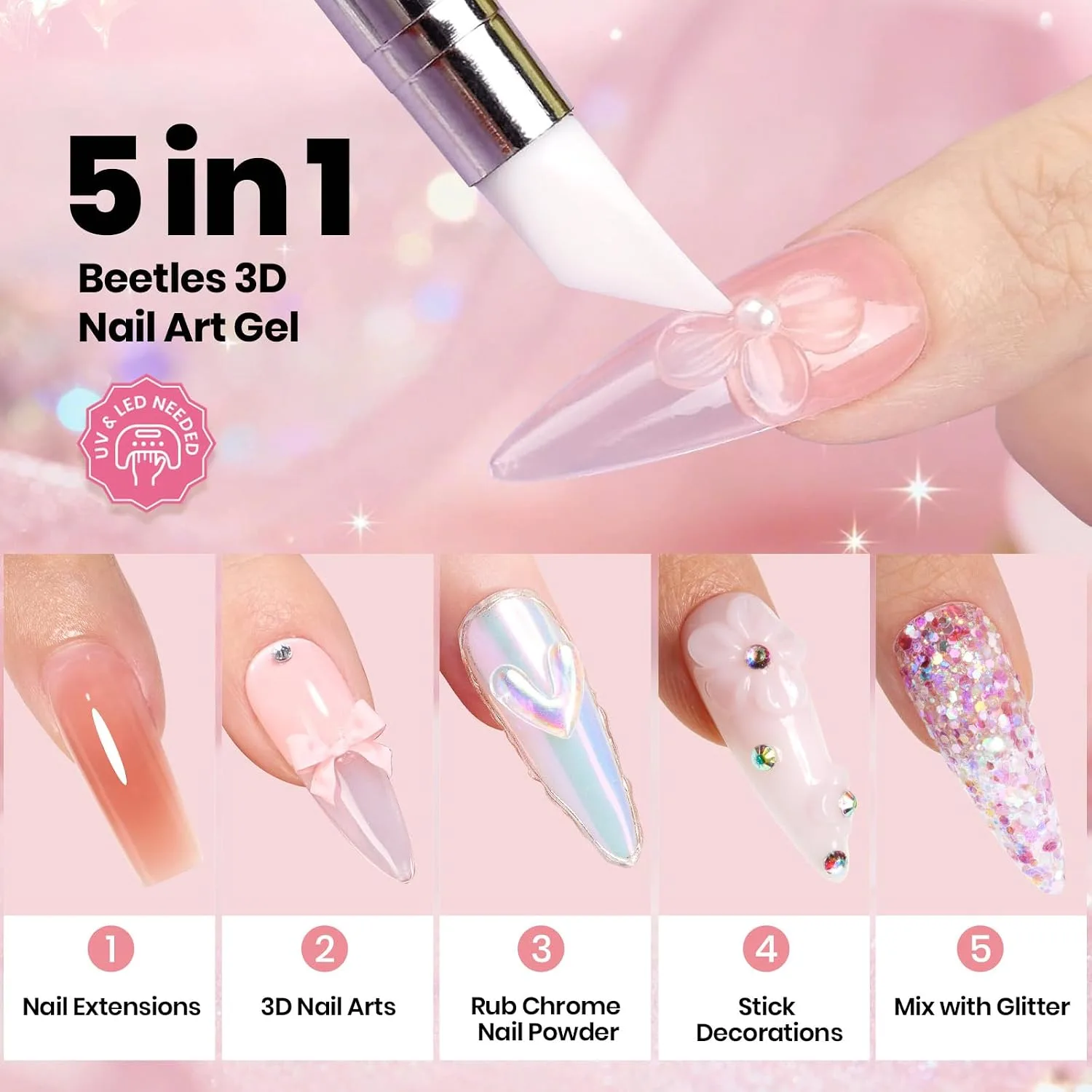 Beetles 3D Gel Nail Art with 3D Mold, 5 in 1 Pink Solid Builder Nail Gel